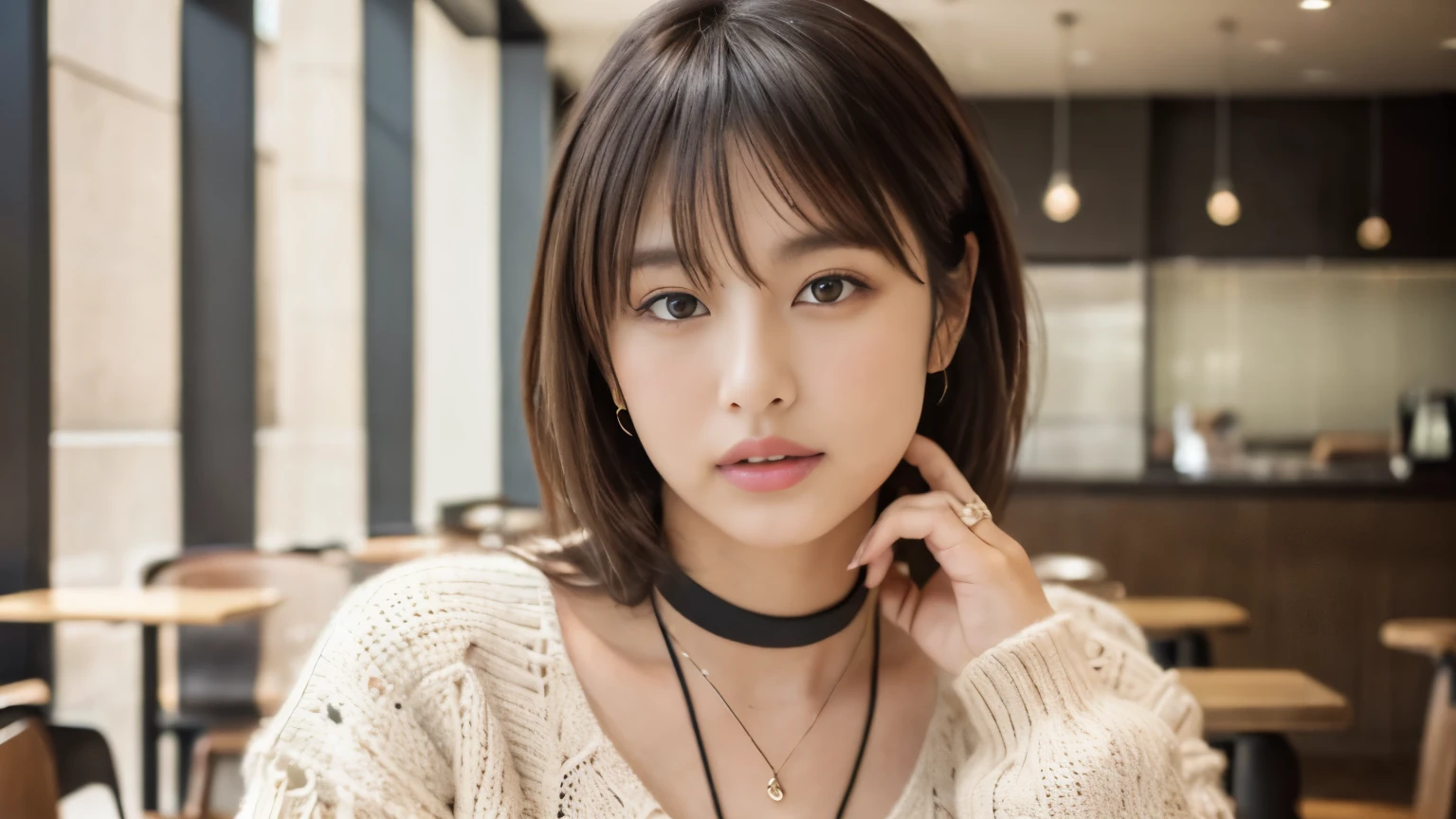 (table top,highest quality)), (realistic:1.4),(((table top,8K)),Stylish café,(Stylish interior),((full body photo))),Photographed in natural light,Highly detailed face and skin texture,highly detailed lips,correct state of the human body,ultra high resolution,(Photoreal:1.4),highest quality, 1 beautiful woman, 38 years old, s, 60mm lens, light beige knit,(medium hair),japanese woman,(black hair),various poses,looking at camera,natural lip color, necklace