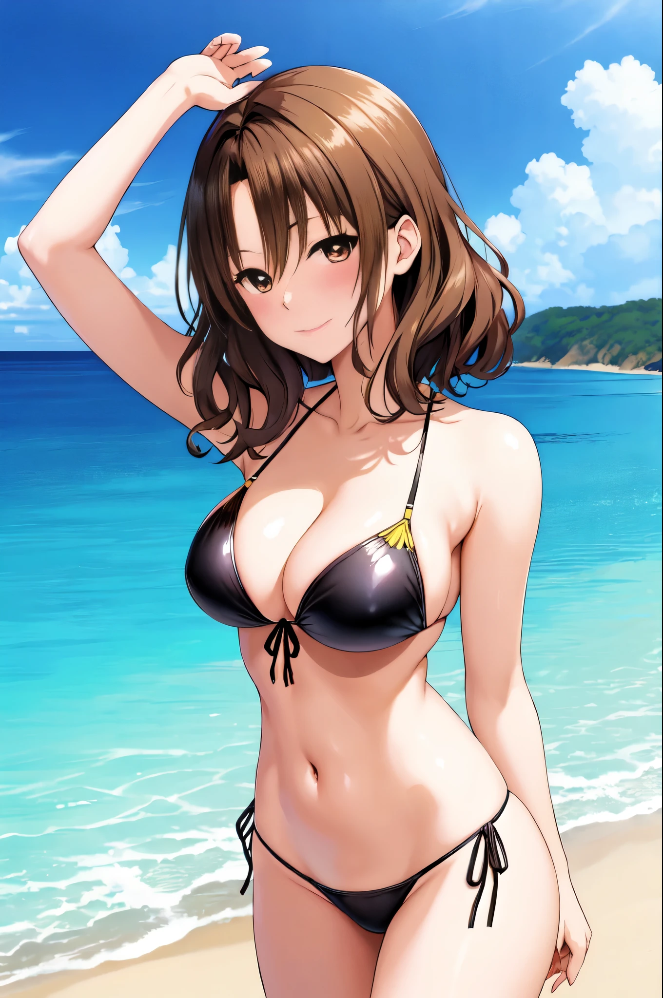 アニメの*** in a bikini posing on the beach、Woman with short brown hair、brown eyed woman、wavy hair、solo、realistic bikini、seductive anime woman、swimsuit、美しいanime woman、4K style、is wearing a swimsuit、attractive anime girl、on the beach、highly detailed art germ、tall woman、sexy atmosphere、big breasts、woman with very large breasts、tits、anime moe art style、naughty anime style、digital anime art!!、female focus、Smooth anime CG art、in a triangle bikini、美しいanime woman、cleavage、bikini with an black and yellow top、bikini with an black and yellow bottom、whole body、black:8 yellow:2、sexy anime woman、a woman is standing、 attractive anime woman、in a bikini、(anime woman)、 anime best wo bikini、beautiful anime woman、Beautiful charming anime teen、