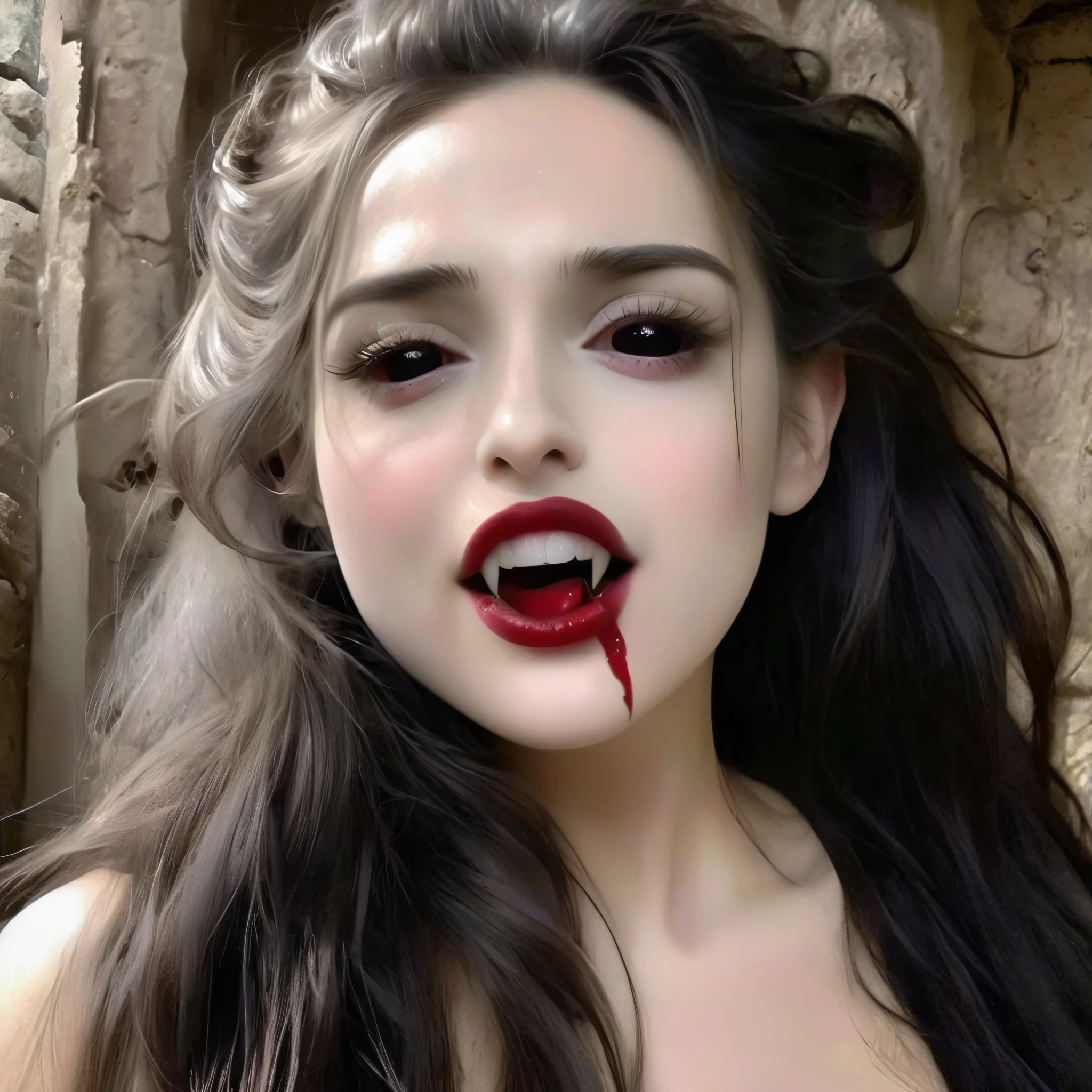 beautiful detailed red eyes, long dark eyelashes, pointed fangs, flowing black hair, elegant posture, pale skin, red lips, traditional Arabic dress, mysterious aura, ((moonlit night:1.3)), shadows, delicate jewelry, ancient ruins, intense gaze, hypnotic smile, vampire powers, supernatural strength, centuries-old wisdom, captivating beauty, hauntingly enchanting, alluring darkness, (blood-red moonlight:1.1), eternal youth, seductive charm, hidden secrets. (best quality, ultra-detailed, photorealistic:1.37), gothic, fantasy, dark color palette, dramatic lighting. (NSFW:1.4) beautiful small breasts, (Emma watson:0.3),(Jennifer connelly:0.24), (beautiful nipples:1.5),(She has white skin with visible blue veins:1.4),(Small breasts with beautifully raised areolas:1.5),(flat chest:1.2) (beautiful teenage nipples:1.5)