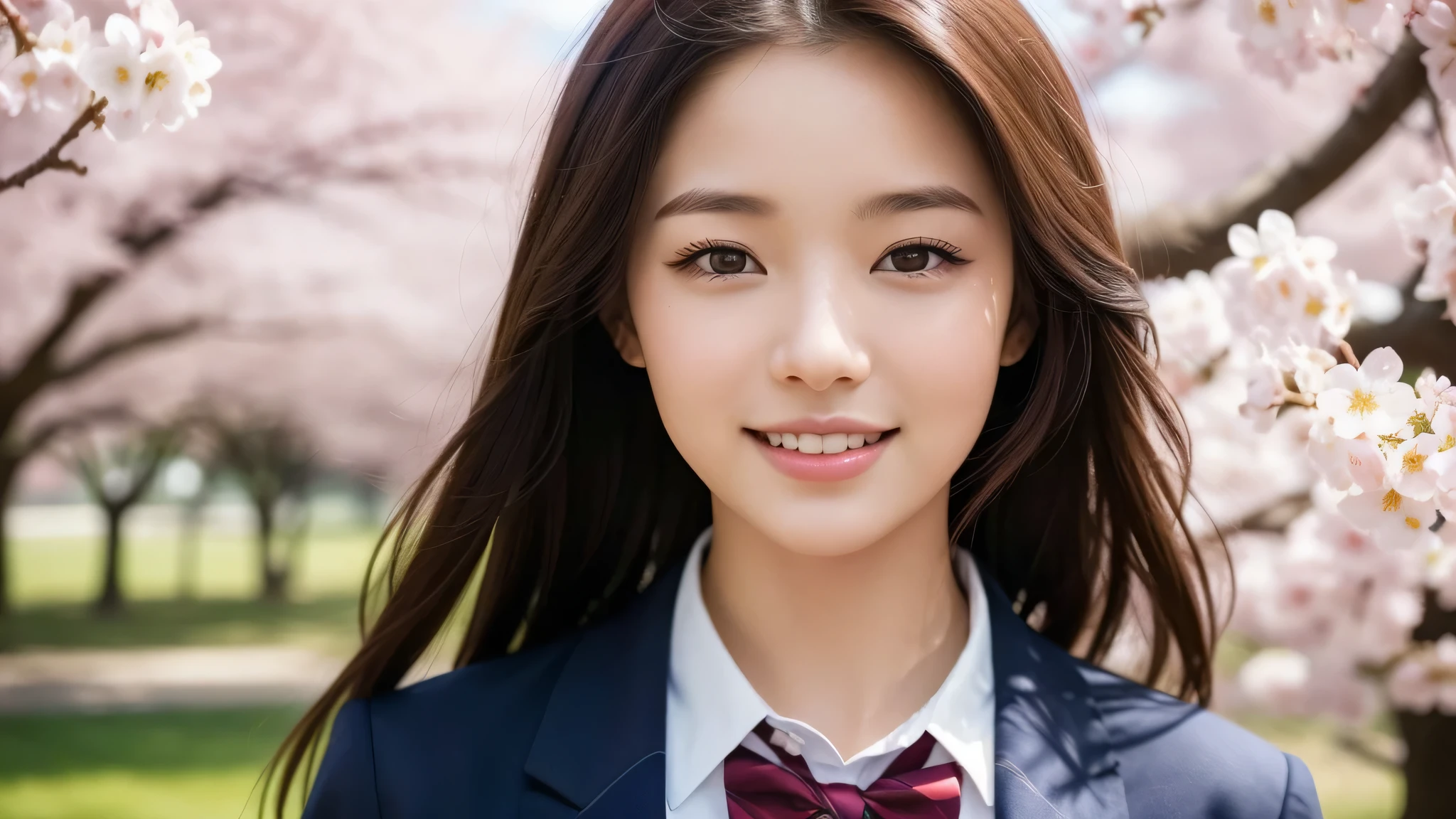 (1 girl), big round eyes, confident smile, brown eyes, (high school uniform:1.2), (very detailed美しい顔), wonderful face and eyes, (highest quality:1.4), (Super detailed), (very detailed CG 統合 8k 壁紙), very detailed, High resolution raw color photos, professional photography, realistic portrait, evening, very high resolution, (Upper body), close up face, Cherry tree, (garden), Cherry tree in full bloom,
