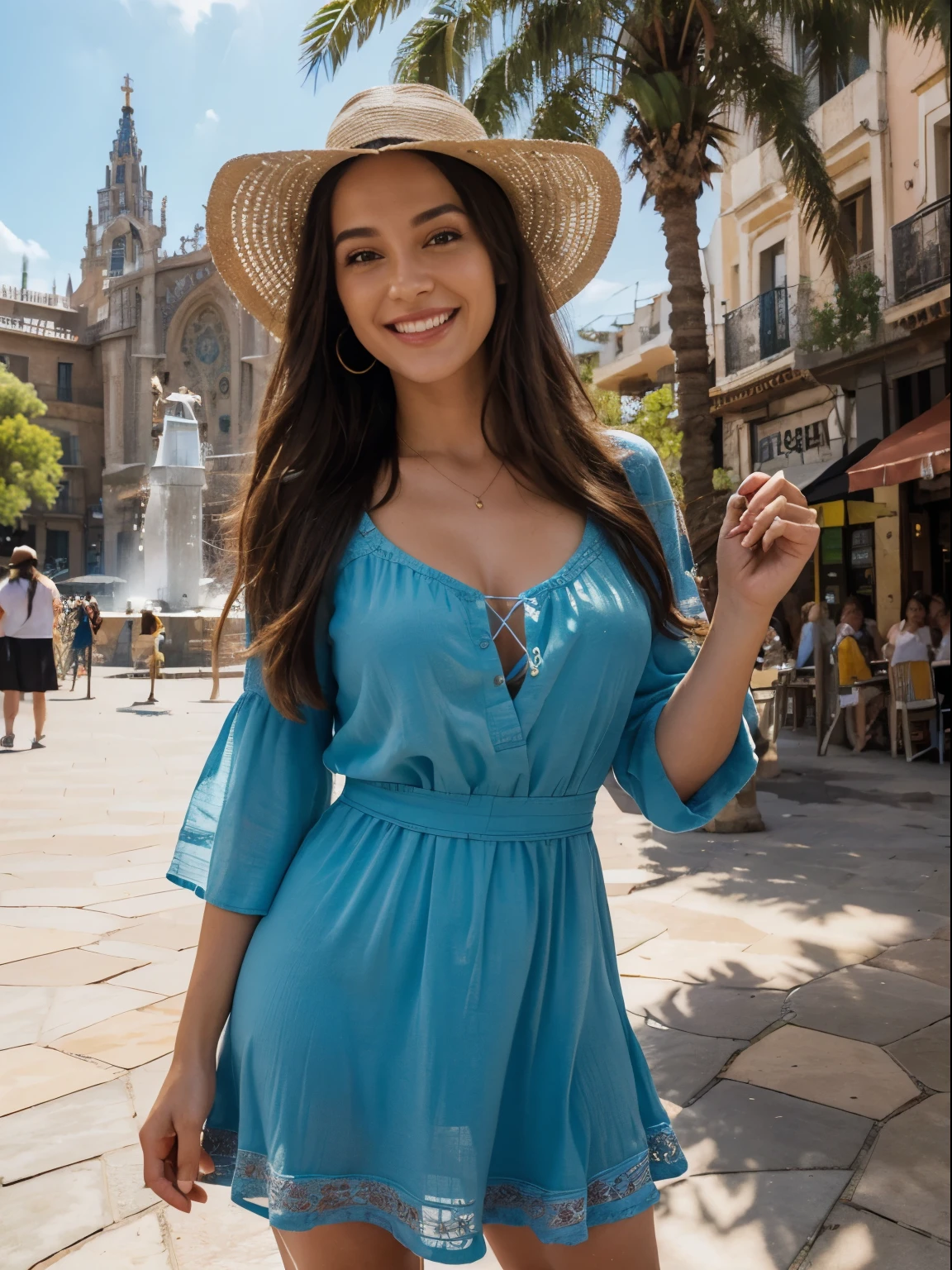 (best quality,highres,ultra-detailed:1.2), HDR, vivid colors, beautiful girl, Barcelona square, lively atmosphere, charming architecture, colorful flowers, happy people, stunning view, cozy cafe, outdoor dining, sunny weather, elegant dress, stylish hat, joyful expression, long flowing hair, vibrant street performers, bustling crowd, street musicians, mouthwatering food stands, historical landmarks, mosaic pavement, decorative fountains, palm trees, blue sky, warm sunshine, laughter and laughter, carefree moments