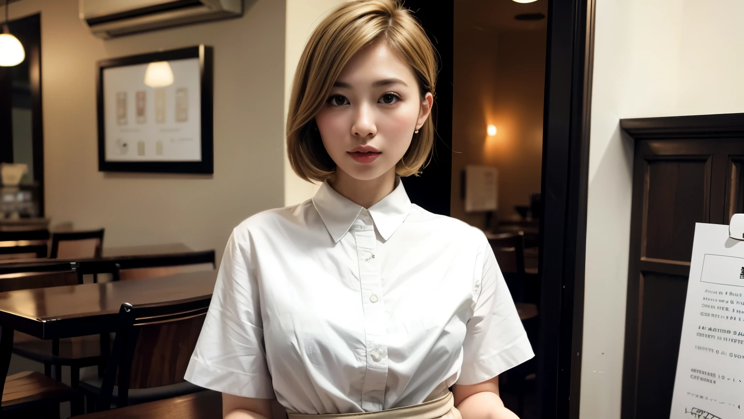 ((highest quality)), ((masterpiece)), (be familiar with), perfect face,spring, (realistic, photo realistic:1.37), High-definition RAW color photos, professional photos, highly detailed face, very fine eyes, highly detailed skin, very fine fingers, highly detailed nose, highly detailed mouth, perfect anatomy, highly detailed background, (famous japanese actress:1.2), (gal:1.3), Brown people, (blonde hair:1.3), Very short cut hair, Background of the café, Cafes in New York, (wearing a white shirt, mini skirt:1.3),