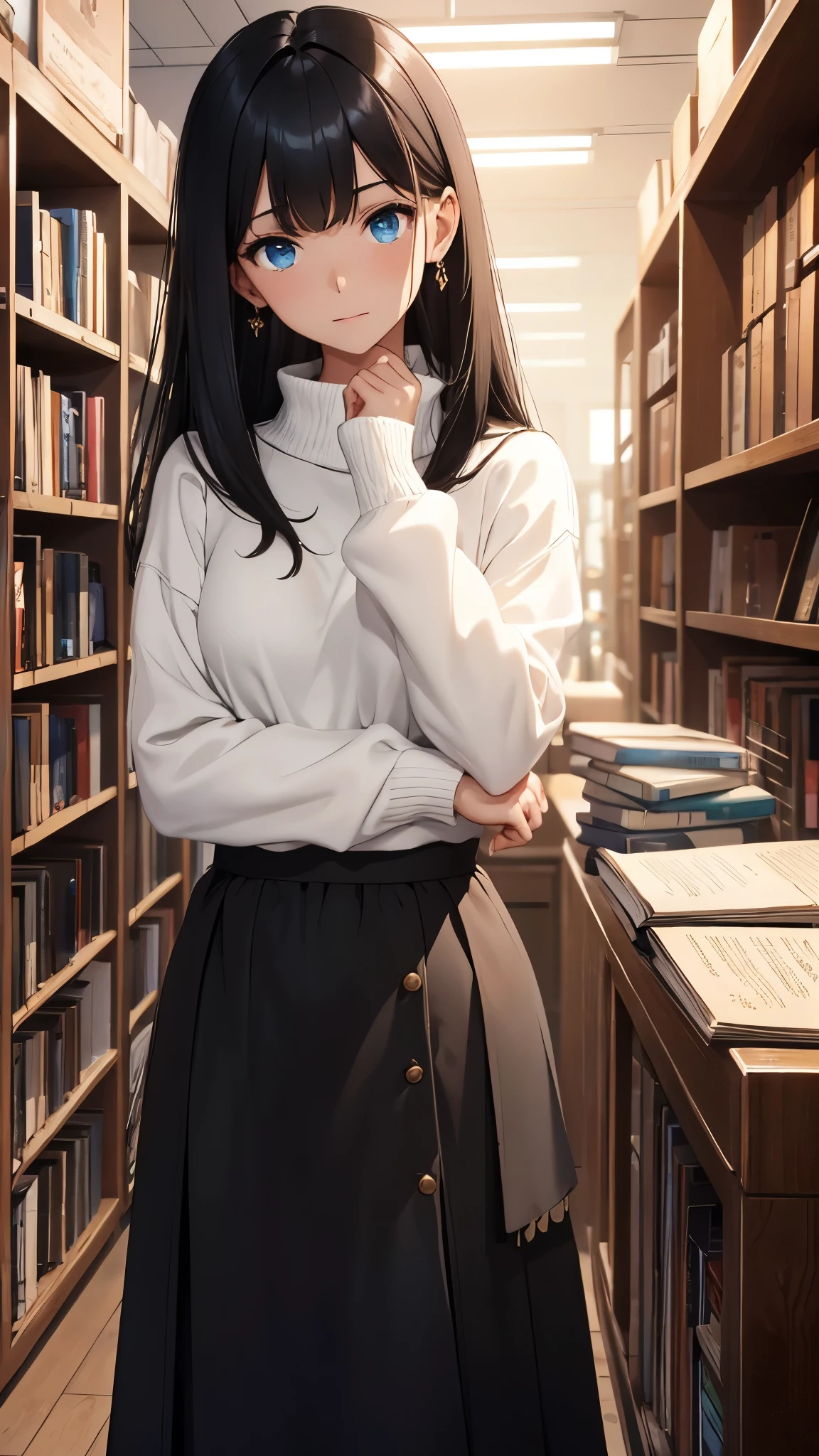 CG, unity, 8k, wallpaper, highest quality, masterpiece, A woman with a gentle impression, (soft smile: 1.5), (long black hair, trimmed bangs, Hairstyle called Hime cut: 1.5), BREAK, white skin, BREAK, deep blue eyes, BREAK, white sweater, BREAK, black long skirt, BREAK, best lighting, complex pupils, complex textile, detailed background, at a used bookstore, There are many books stacked around her, scattered books, (evening: 1.5), (Nostalgic and ephemeral atmosphere: 1.5), (A picture dyed in madder red: 1.2), particles of light, high angle, sit in a chair and look up at the viewer, view from above