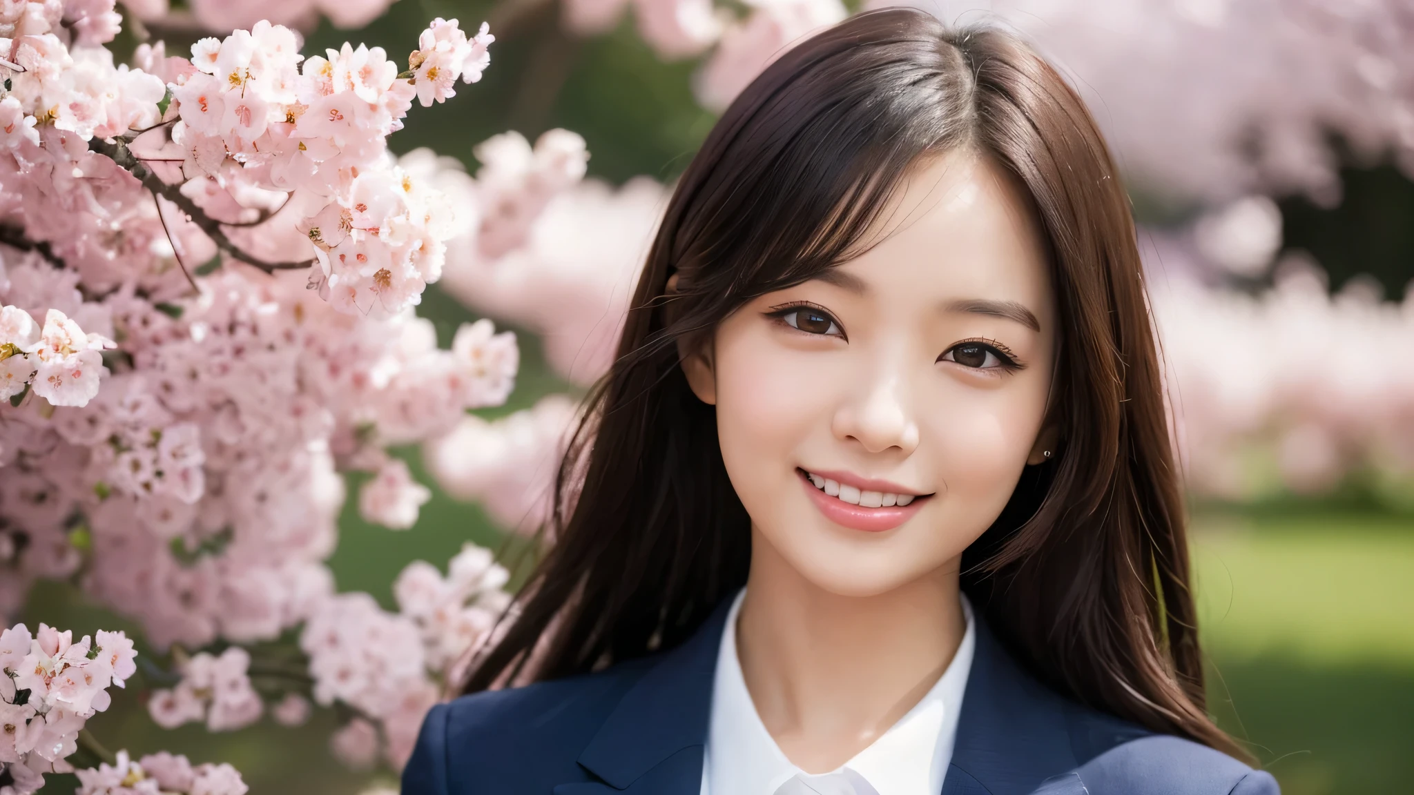 (1 girl), big round eyes, confident smile, brown eyes, (high school uniform:1.2), (very detailed美しい顔), wonderful face and eyes, (highest quality:1.4), (Super detailed), (very detailed CG 統合 8k 壁紙), very detailed, High resolution raw color photos, professional photography, realistic portrait, evening, very high resolution, (Upper body), close up face, Cherry tree, (garden), Cherry tree in full bloom,