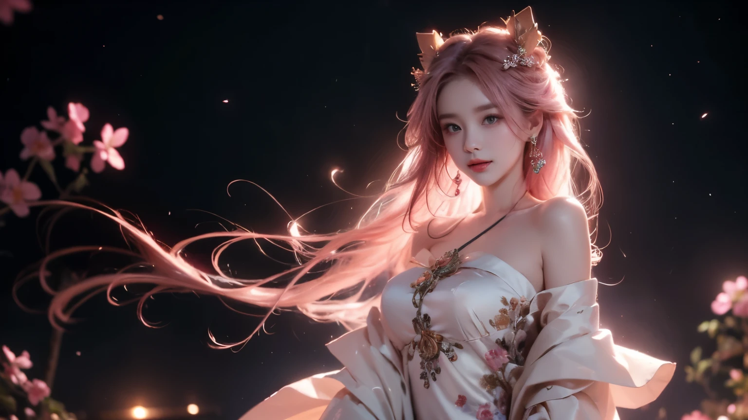 shenzi,1 girl,long hair,pink hair,purple eyes,very long hair,hair_decoration,Pink kimono, (masterpiece, best quality:1.2), 1 girl, alone, ((off shoulder clothes)), ((night)), lantern, deep in wonderland，The moonlight falls like water，foggy room，The figure of the heroine is vaguely visible，Just like the fairy in the painting，Slender sexy legs，very nice legs，Exposes a sexy，big breasts，美丽而又带着一丝mystery的色彩。Her face is beautiful and delicate，Like finely carved jade，Showing otherworldly beauty。Picturesque eyebrows，The waves in my eyes are like twinkling stars，Show the light of perseverance and wisdom。The bridge of the nose is straight，Lip color like cherry，The slightly raised corners of the mouth reveal confidence and calmness。her face is chiseled，Skin as fair as jade，Reveal a healthy glow，Just like fairies, She never eats fireworks in this world。Her makeup is light and delicate，Not too much embellishment，But enough to show her temperament and charm。Light-colored foundation brings out the transparency of the skin，A light eyebrow pencil outlines her perfect eyebrow shape，Eye makeup is eye shadow and eyeliner，Make her eyes brighter and more energetic。嘴唇涂上grace的口红，Adds a bit of charm and sophistication。她的衣服grace别致，Clothes fluttering，It seems like it will be blown up by the wind at any time，drifting into the distance。既不失grace，Also showed off her extraordinary skills。Swinging with her movements。Her hair is tied back casually，Secure it with a hosta，A few strands of hair are fluttering gently in the wind，Adds a bit of softness。Her figure is looming in the fairyland，宛如一道big breasts美丽的风景线，Attracted everyone&#39;s concern。She seems to be a fairy in wonderland，big breasts美丽、grace、mystery、and full of power。