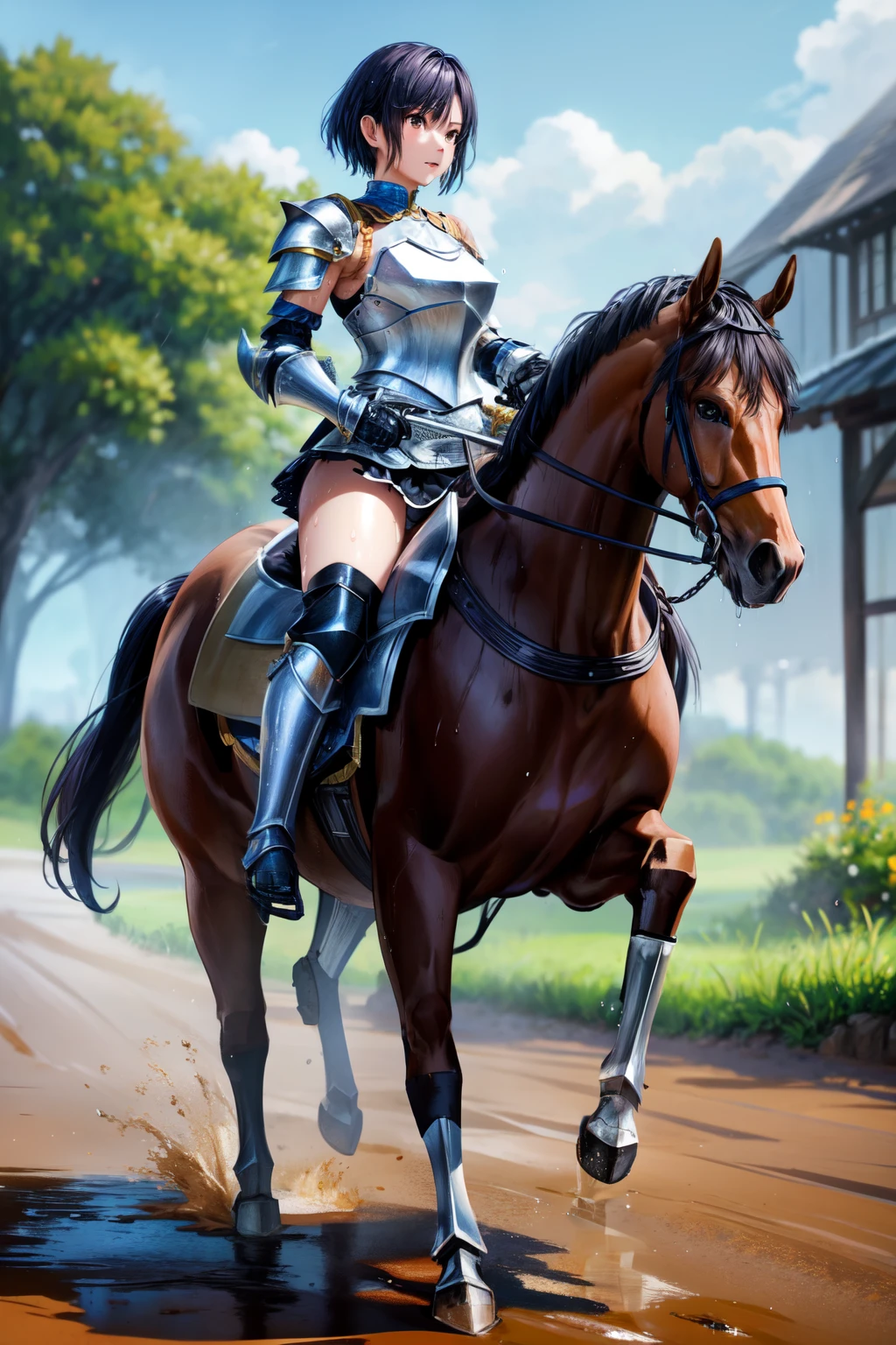 ((best quality)), ((masterpiece)), (detailed), perfect face, pixie cut, {black hair}, BREAK, horseback riding, brown horse, (saddle, stir ups, rein), running: 1.2, 20 years old, female knight, (black armor, black gauntlet, black miniskirt, black armored boots), outdoor, raining, muddy landscape, wet body, anatomically correct,