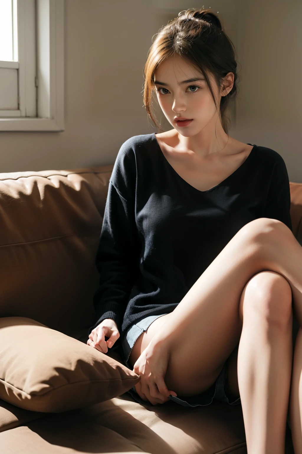 1 girl,Sit on the comfortable sofa,cross your legs,soft light
