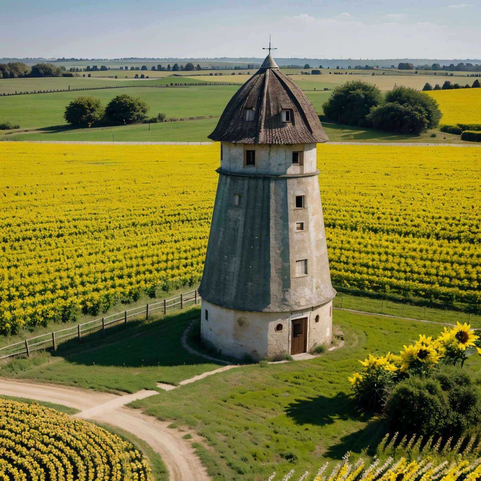 Campo de girasoles con un molino de viento