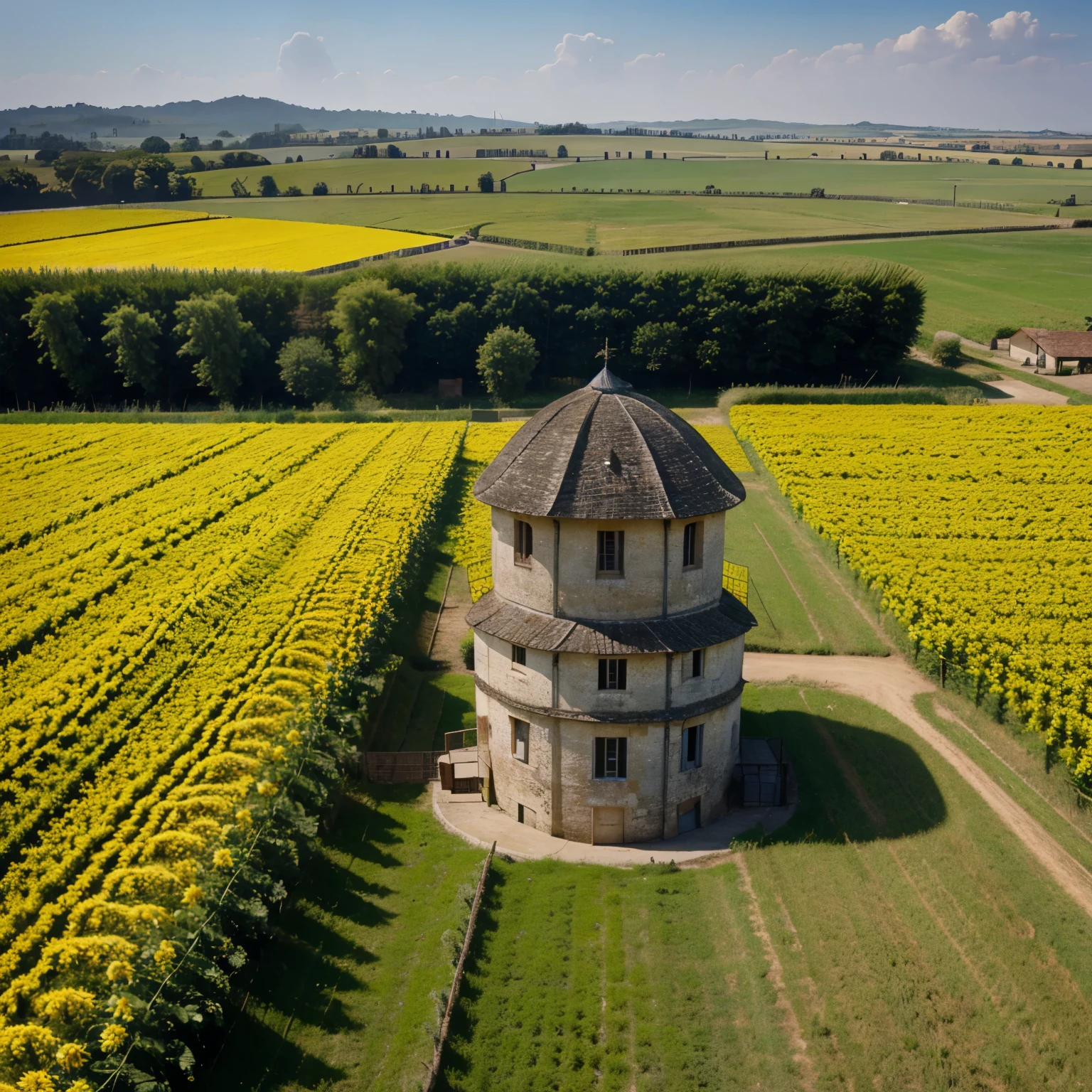 Campo de girasoles con un molino de viento