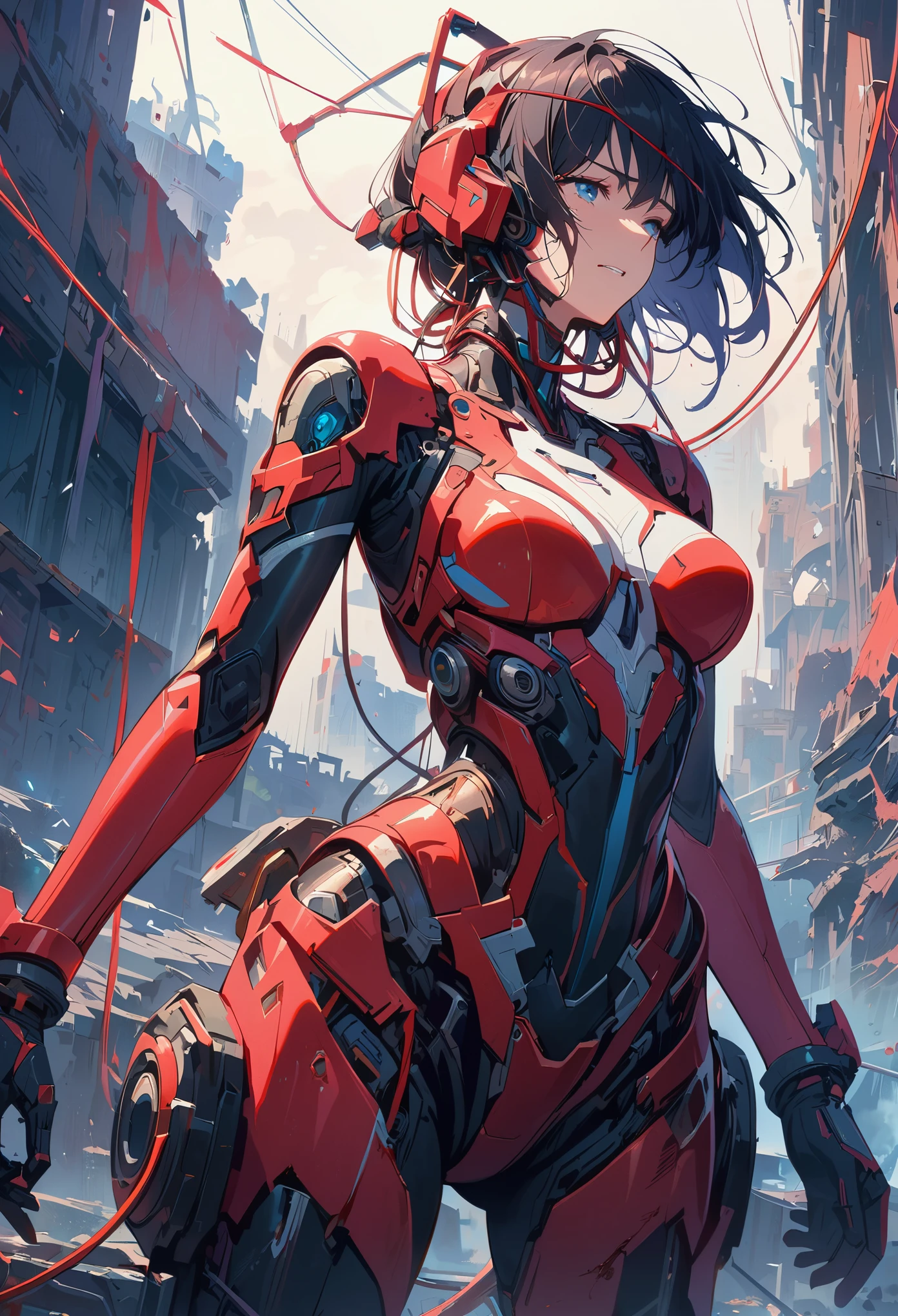 (((masterpiece))), ((best quality)), (Super details), (CG illustration), (very beautiful)), film light, (((1 Mechanical Girl)), single, (mechanical arts: 1.4), ((mechanical limbs)), (連接到管子上的Blood管), ((The mechanical spine is fixed to the back)), ((Mechanical cervical spine attached to the neck), (back to the audience)), An expression of distress, crying face, (Wires and cables connected to the head and body: 1.5), Science fiction, Revelation, ruins, (Lower body integrated with mechanics), (Blood: 1.5), cruel, absurd, style, Integrate with machines, end of the world, Super future, inorganic, laboratory, restraint, (beautiful indulgence: 1.2), (1 girl: 1.3), The body is wrapped in mechanical tentacles, clear eyes