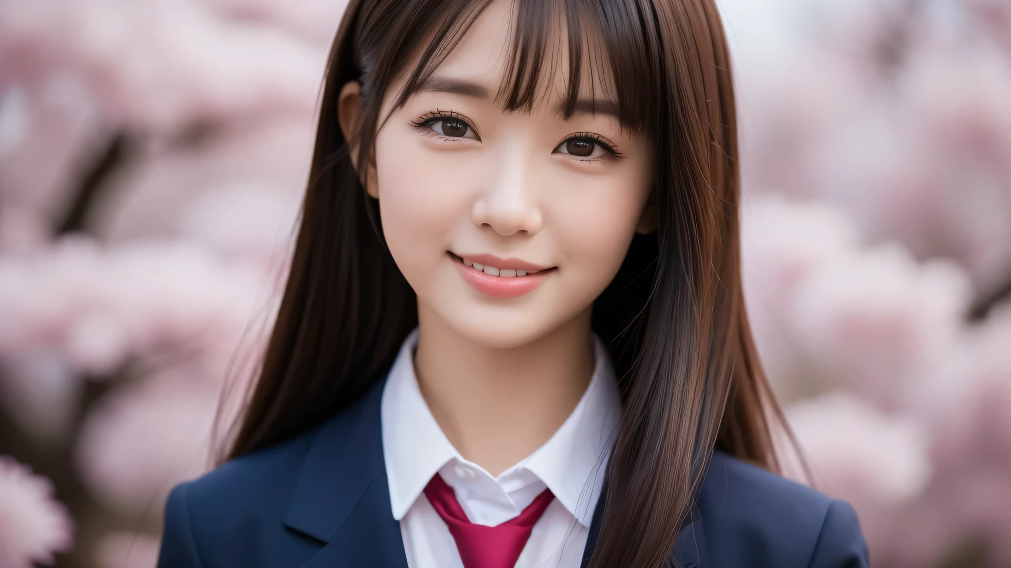 (1 girl), big round eyes, confident smile, brown eyes, (high school uniform:1.2), (very detailed美しい顔), wonderful face and eyes, (highest quality:1.4), (Super detailed), (very detailed CG 統合 8k 壁紙), very detailed, High resolution raw color photos, professional photography, realistic portrait, evening, very high resolution, (Upper body), close up face, Cherry tree, (garden), Cherry tree in full bloom,