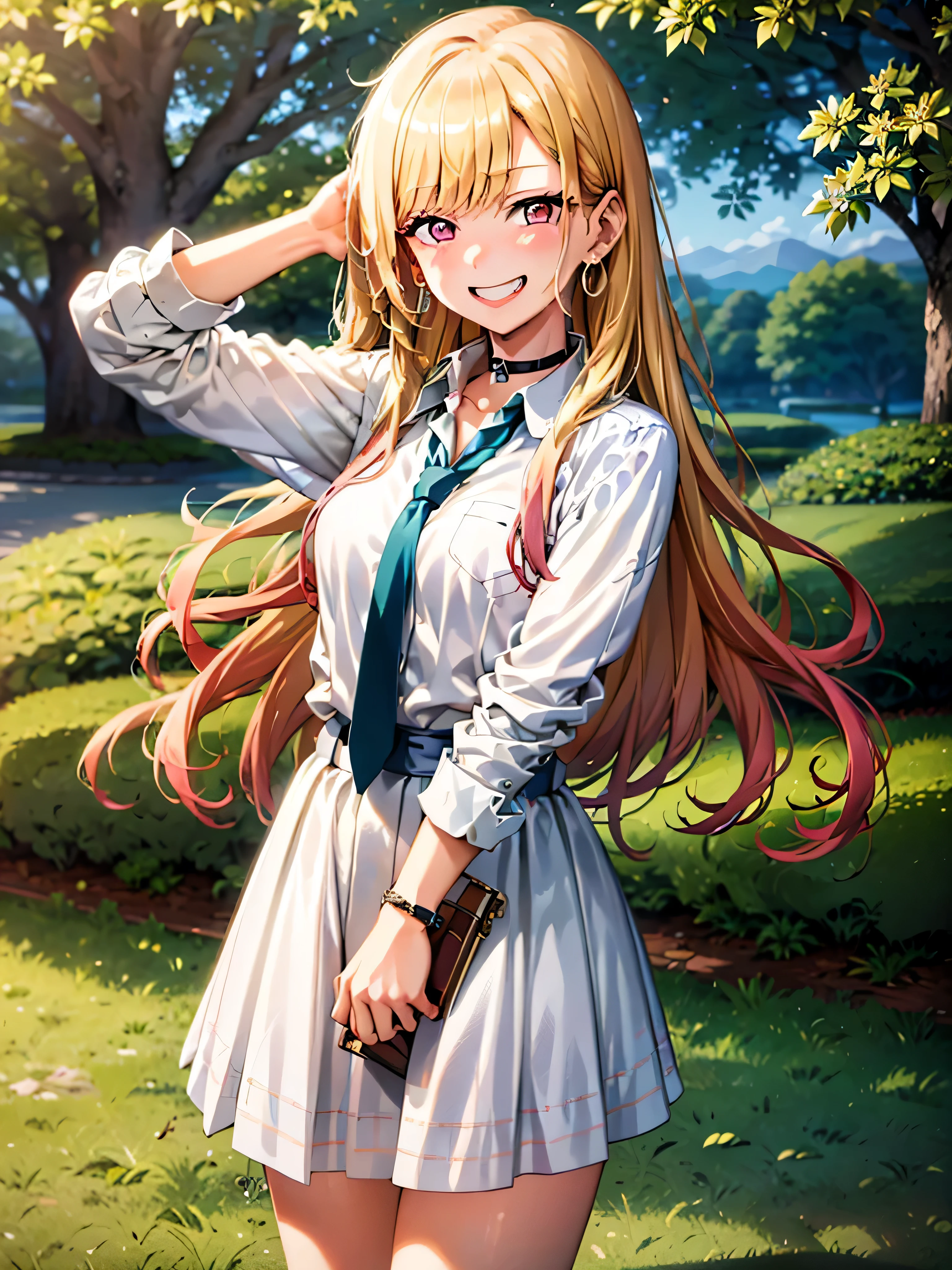 masterpiece, highest quality, High resolution, Kitagawa Marin, 1 girl, blonde hair, long hair, colorful hair, red eyes, jewelry, earrings, earrings, , white shirt, tide shirt, black choker, blue tie, plaid skirt, grin and laugh, smile, Are standing, cowboy shot, outdoor,