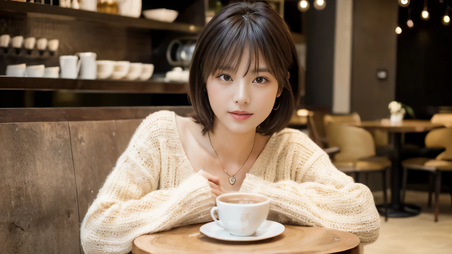 (table top,highest quality)), (realistic:1.4),(((table top,8K)),Stylish café,(Stylish interior),((full body photo))),Photographed in natural light,Highly detailed face and skin texture,highly detailed lips,correct state of the human body,ultra high resolution,(Photoreal:1.4),highest quality, 1 beautiful woman, 38 years old, s, 60mm lens, light beige knit,(medium hair),japanese woman,(black hair),various poses,looking at camera,natural lip color, necklace