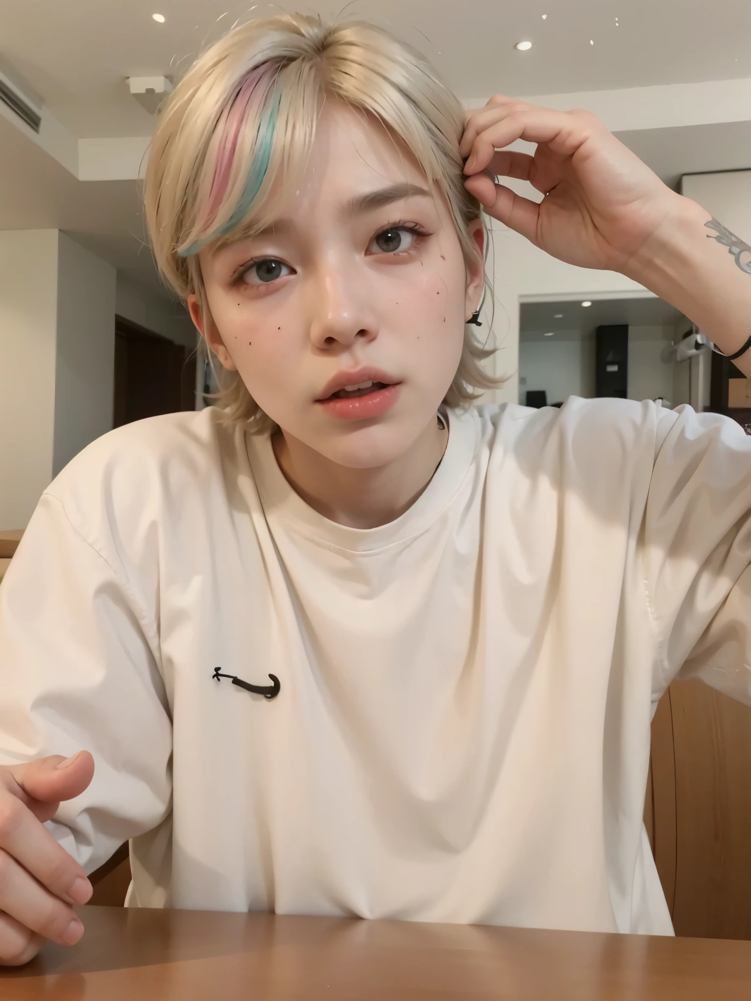 mulher arafa com cabelo colorido sentada em uma mesa, Jung Jaehyun, adorable and pale korean face, male Ulzzang, Kim Doyoung, com cabelo curto, jossi do blackpink, Hong junho hyung, taejune kim, Ulzzang, o corte Hime, jaeyeon nam, XQC, Parque Jimin, cabelo curto platinado moleca