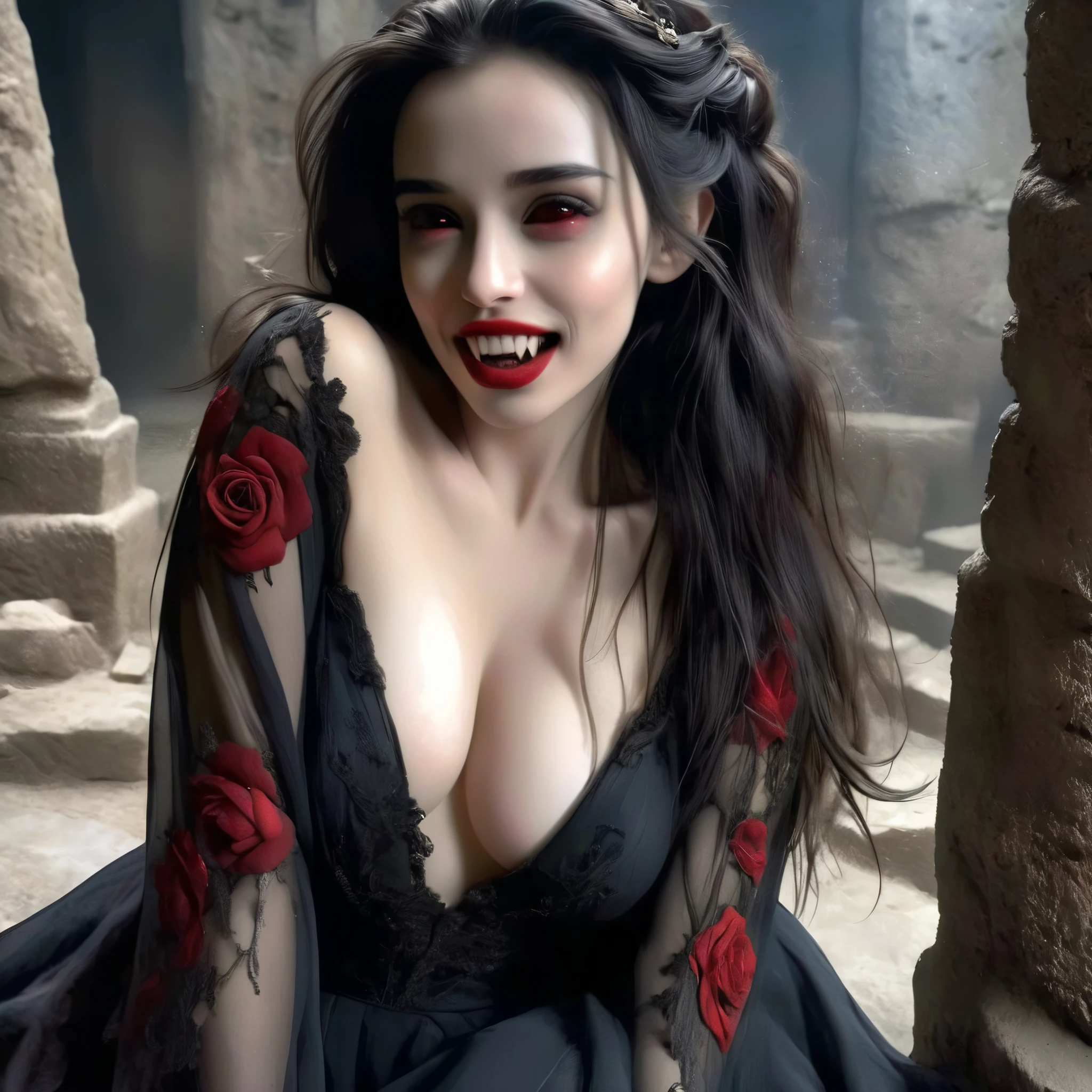 beautiful detailed red eyes, long dark eyelashes, pointed fangs, flowing black hair, elegant posture, pale skin, red lips, traditional Arabic dress, mysterious aura, moonlit night, shadows, delicate jewelry, ancient ruins, floating black rose petals, intense gaze, hypnotic smile, vampire powers, supernatural strength, centuries-old wisdom, captivating beauty, hauntingly enchanting, alluring darkness, blood-red moonlight, eternal youth, seductive charm, hidden secrets. (best quality, ultra-detailed, photorealistic:1.37), gothic, fantasy, dark color palette, dramatic lighting. (NSFW:1.4) beautiful nipples, (Emilia clarke:0.04) (Emma watson:0.3),(Jennifer connelly:0.24), (beautiful nipples:1.5)