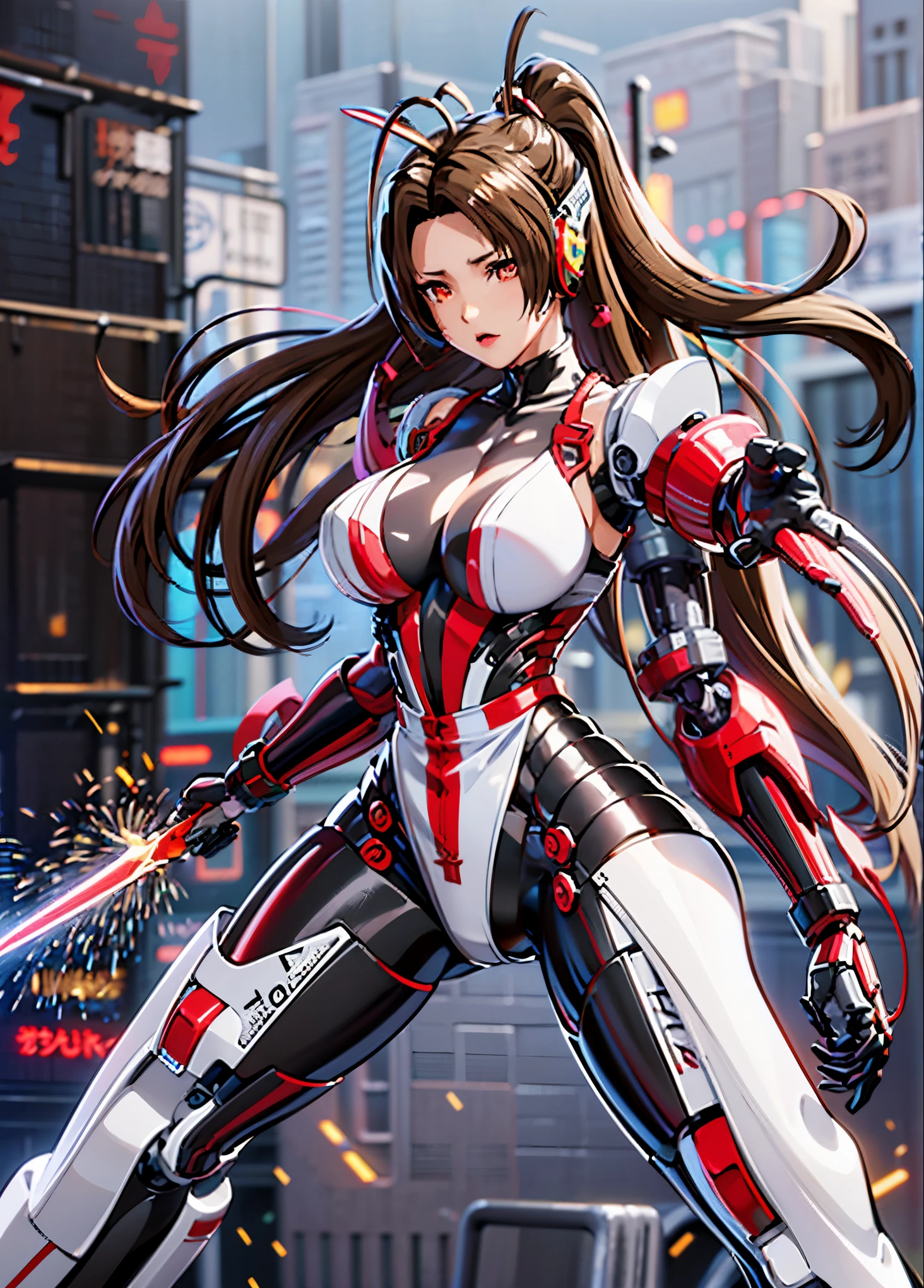 girl 1、highest quality、masterpiece、超A high resolution、Arad woman in futuristic suit with red mechanical wings and sword, A girl wearing a black shiny mechanical cyber armor.., cyberpunk anime girl mecha, anime robotと有機物が混ざり合う, Mechanized Black Valkyrie Girl, perfect anime cyborg woman, cute cyborg girl, female mecha, A simple futuristic cyborg, beautiful girl cyborg, beautiful robot character design,((Super realistic details))， Realistic character art rendering 8K, anime robot、(red glowing eyes)、(have a sword)、((mai shiranui))、long and high ponytail、((mechanical dress:1.3))、((attack posture:1.6))、4k、(((highest quality)))、(((mechanical headgear:1.3)))、(((very well-groomed face:1.3)))、(((No expression)))、(((cyber headphones:1.3)))、(((long ear antenna:1.6)))、(((Anime related)))、(((Eyes of the machine glowing red:1.3)))