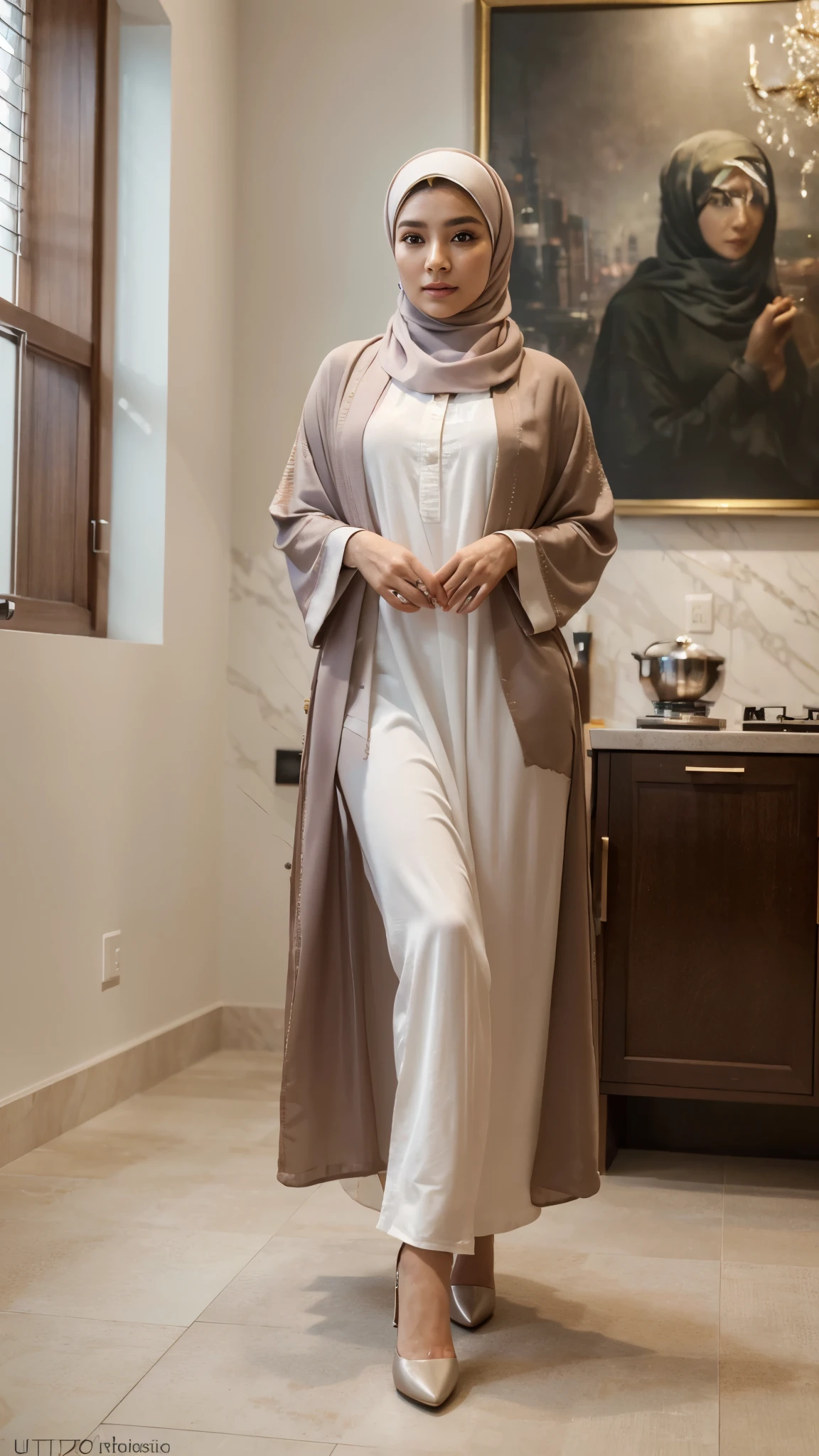 (best quality,4k,8k,highres,masterpiece:1.2),ultra-detailed,(realistic,photorealistic,photo-realistic:1.37),kitchen,portrait,Korean young man,cross-dresser,femininity,modesty,graceful pose,cute expression,charming eyes,perfectly applied makeup,long curled eyelashes,piercing gaze,perfect pashmina hijab,HDR,UHD,studio lighting,ultra-fine painting,sharp focus,physically-based rendering,extreme detail description,professional,feminine mannerisms,vivid colors,bokeh,modern abaya dress,stylish heel,white pashmina hijab,looking at the camera,full body portrait