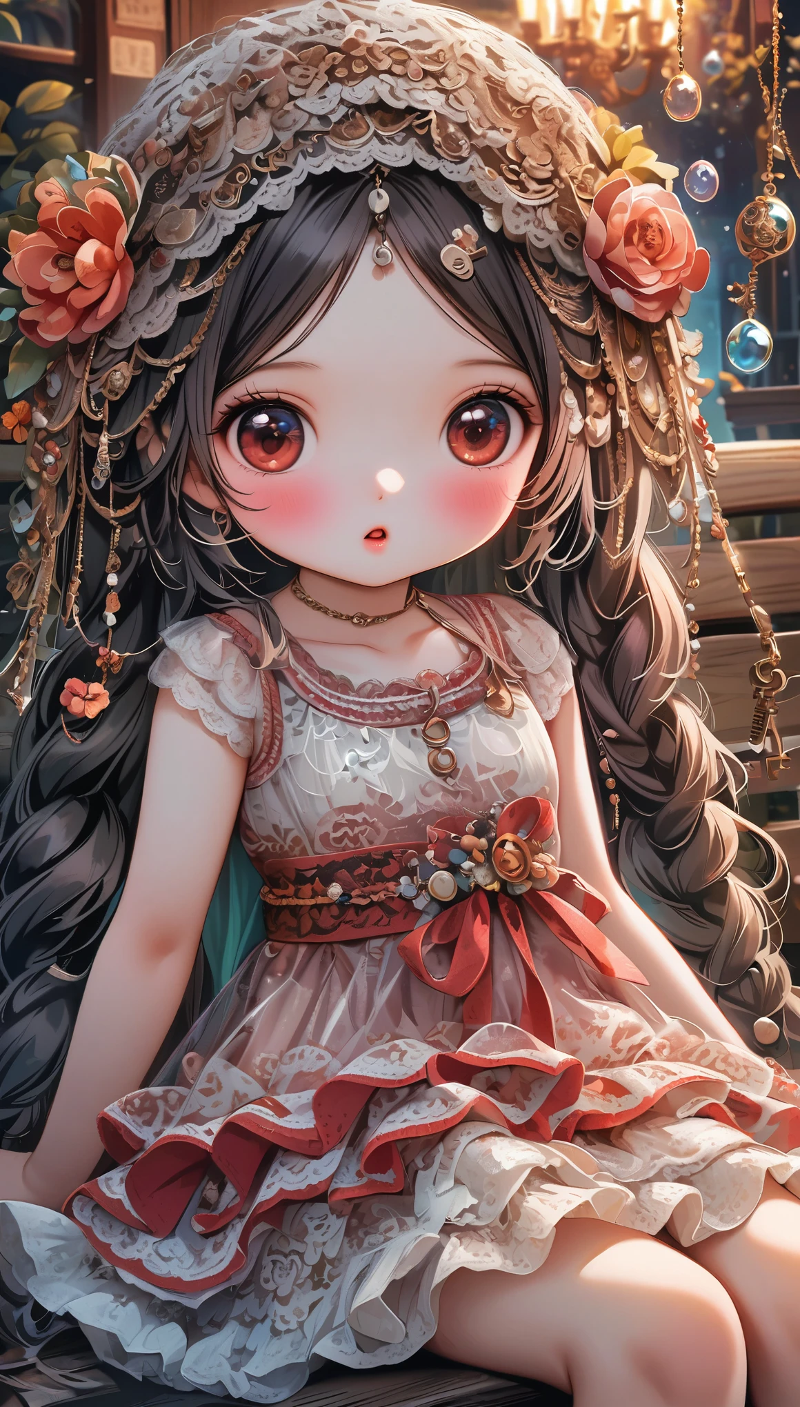 tinkle, (loli), 1girl, solo, very long hair, light color, green eyes, blush, layered dress, see-through, frilled dress, lace printed , red dress, black hair, hair flower, sitting, small breasts, sash, detailed clothing, flowing hair, :o, translucent dress, bubble, looking at viewer, torino_aqua, shamed, blush, hair ribbon,, night, key, crystal, pink theme, fingernails, text, best quality, masterpiece, star, omochi_newest