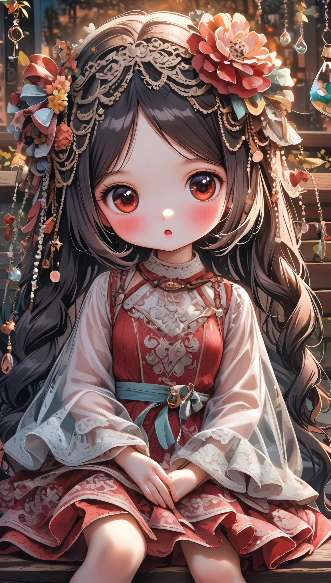 tinkle, (li), 1girl, solo, very long hair, light color, green eyes, blush, layered dress, see-through, frilled dress, lace printed , red dress, black hair, hair flower, sitting, small breasts, sash, detailed clothing, flowing hair, :o, translucent dress, bubble, looking at viewer, torino_aqua, shamed, blush, hair ribbon,, night, key, crystal, pink theme, fingernails, text, best quality, masterpiece, star, omochi_newest