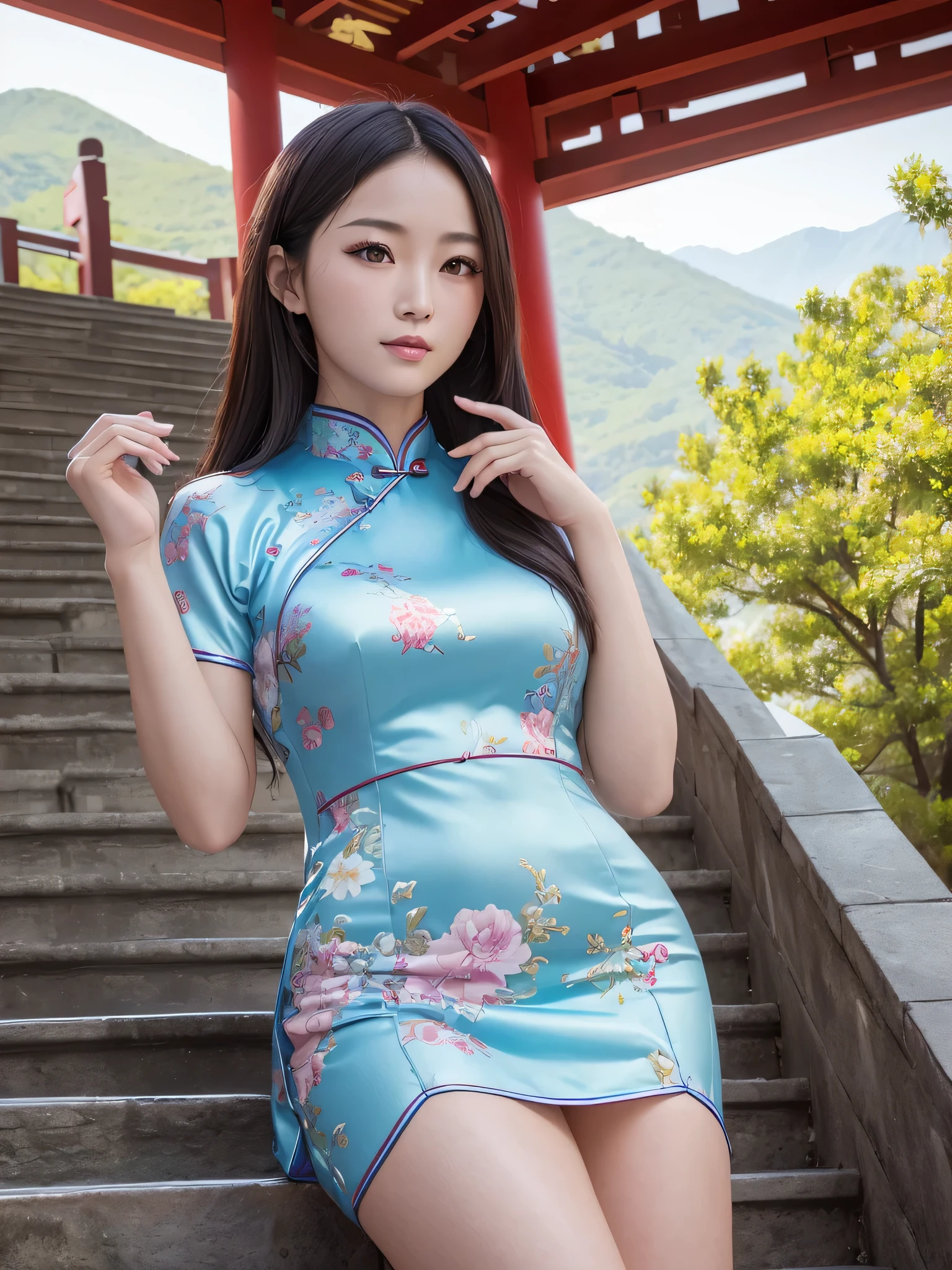 China dress, stage, Mountain, outdoor, (8K, Raw photo, highest quality, masterpiece:1.2), (realistic, photo-realistic:1.4), (extremely detailed 8K wallpaper),Beautiful Japanese idol 20 year old woman photo.
