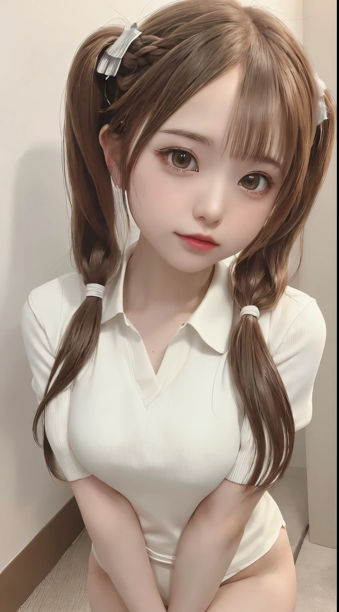 (8K photo quality、ultra high resolution、professional lighting)、K-ON, anime, manga , my, Yui, Asuna, (amazingly cute girl)、((Above knee image))、(Stylish school uniforms with a futuristic feel)、(twin tails)、While braiding my hair、standing position、(natural makeup)、