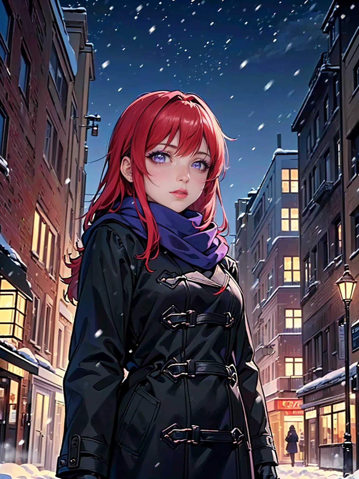 ((1girl, alone, solo, 1woman, TakashiroHiroko, dark purple eyes, red hair, TakashiroHiroko, Extremely detailed, ambient soft lighting, 4k, perfect eyes, a perfect face, perfect lighting, a 1girl)), ((solo, 1woman, Extremely detailed, ambient soft lighting, 4k, perfect eyes, a perfect face, perfect lighting, a 1girl)), (((masterpiece:1.2), (emphasis lines:1.3), blue scarf, (long black coat), black gloves, (outdoors), handheld transceiver, (city), night, cold clothes, winter clothes, blue scarf, snowing))