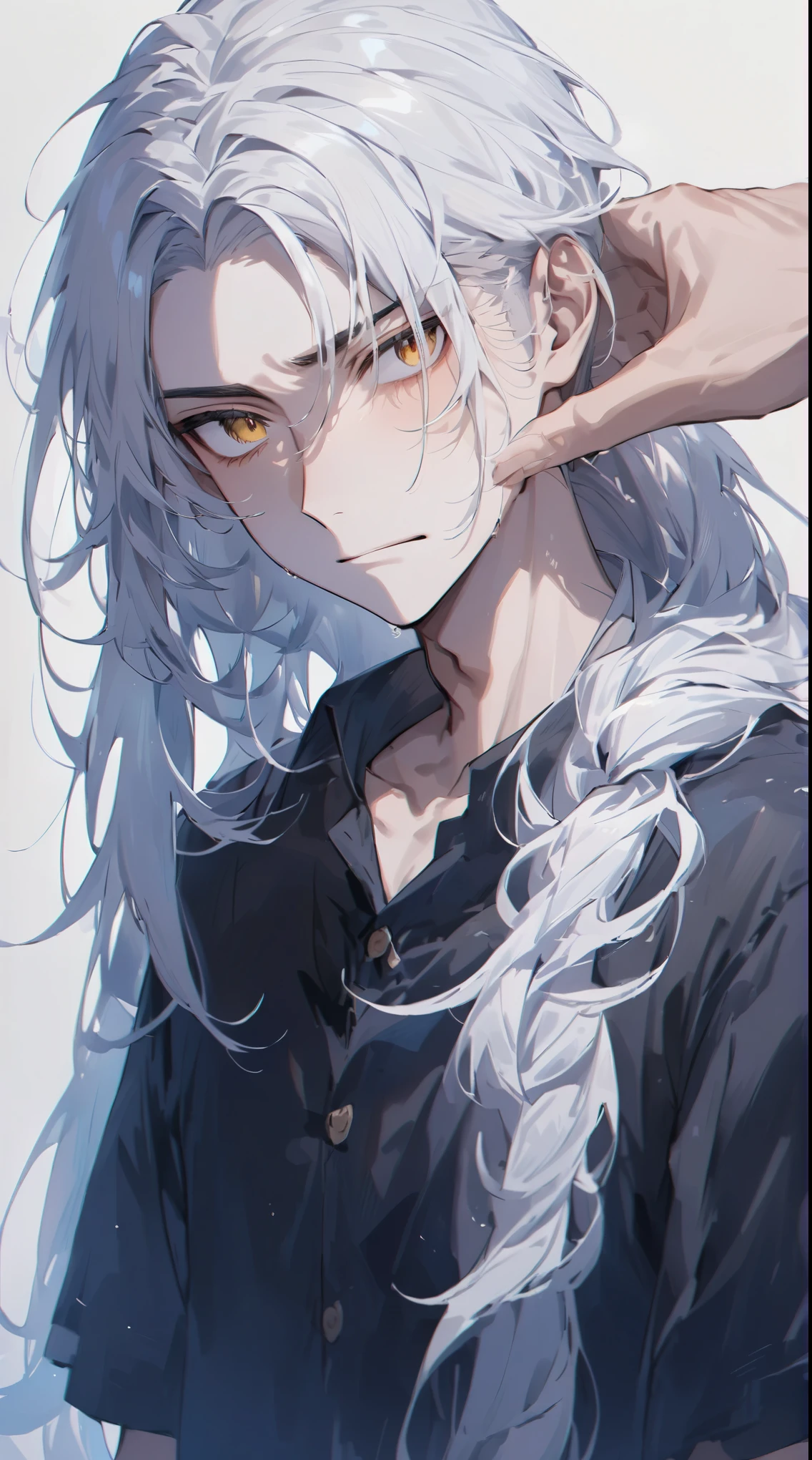 Beautiful young man, long white hair, ponytail, yellow eyes, a bashful and pouty expression,high quality, amount of drawing, pixiv illustration