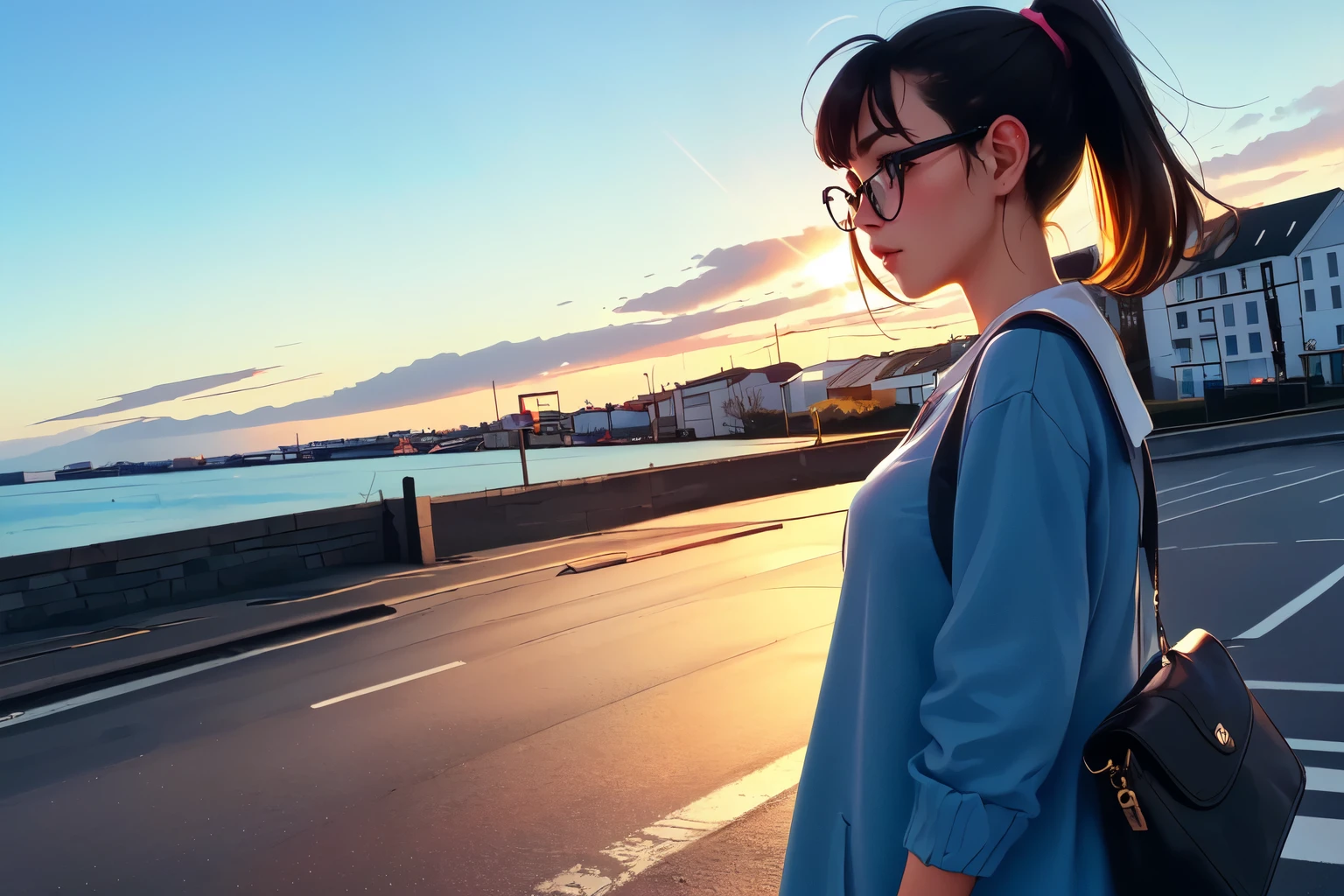 ((Wide angle)) Beautiful female tourist, black hair, ponytail, bangs, large glasses, smock, ((wearing a preppy style outfit)), morning light, Reykjavik, Iceland