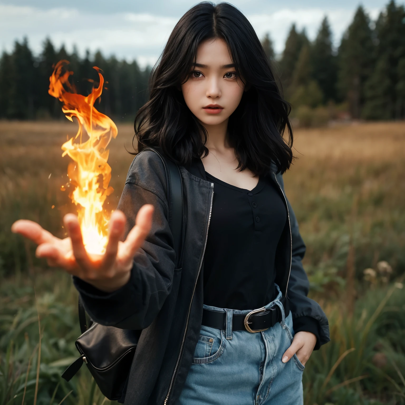 A beautiful -year-olrl wiblack hair, standing in a grassland area, dressed in modern clothing, with an angry expression, thrusting one hand forward, producing magical flames in that hand.