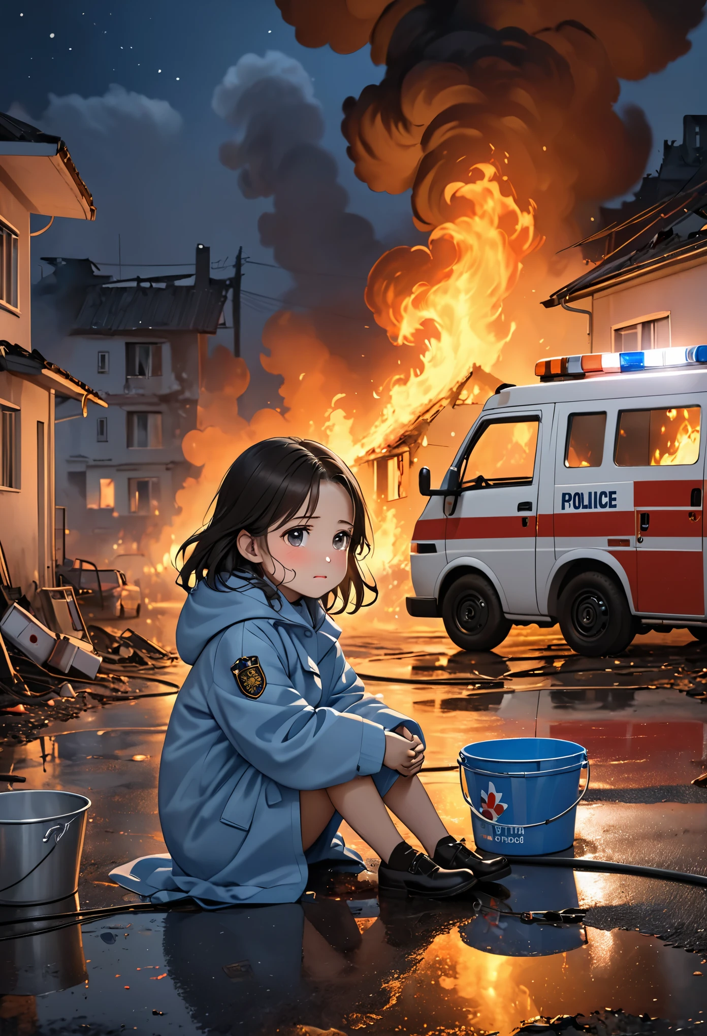 ((A little girl sitting on the street feeling cold and crying, Tearful eyes, sad cute face 🥺 )), background ((Burnt apartment and ambulance, p((They turned around and put out the fire with buckets, night, police light, Thick smoke billows from outside the destroyed house, flame))