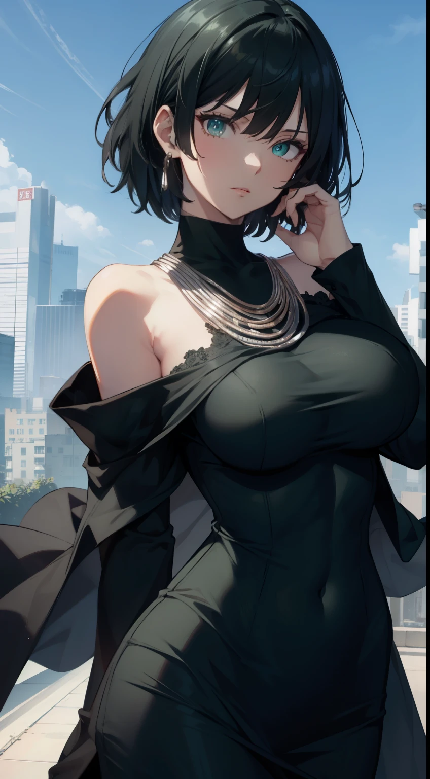 Fubuki, Fubuki, black hair, (green eyes:1.2), （off shoulder outfit:1.5)short hair,big breasts，（cleavage:1.2)，
BREAK black dress, dress, fur coat, high collar, jewelry, necklace, cropped shoulder, tight fitting clothes, tightly dress,,
rest outdoors, city,
Take a break to watch the audience, break (masterpiece:1.2), highest quality, High resolution, unity 8k wallpaper, (figure:0.8), (detailed and beautiful eyes:1.6), highly detailed face, perfect lighting, Very detailed CG, (perfect hands, perfect anatomy),