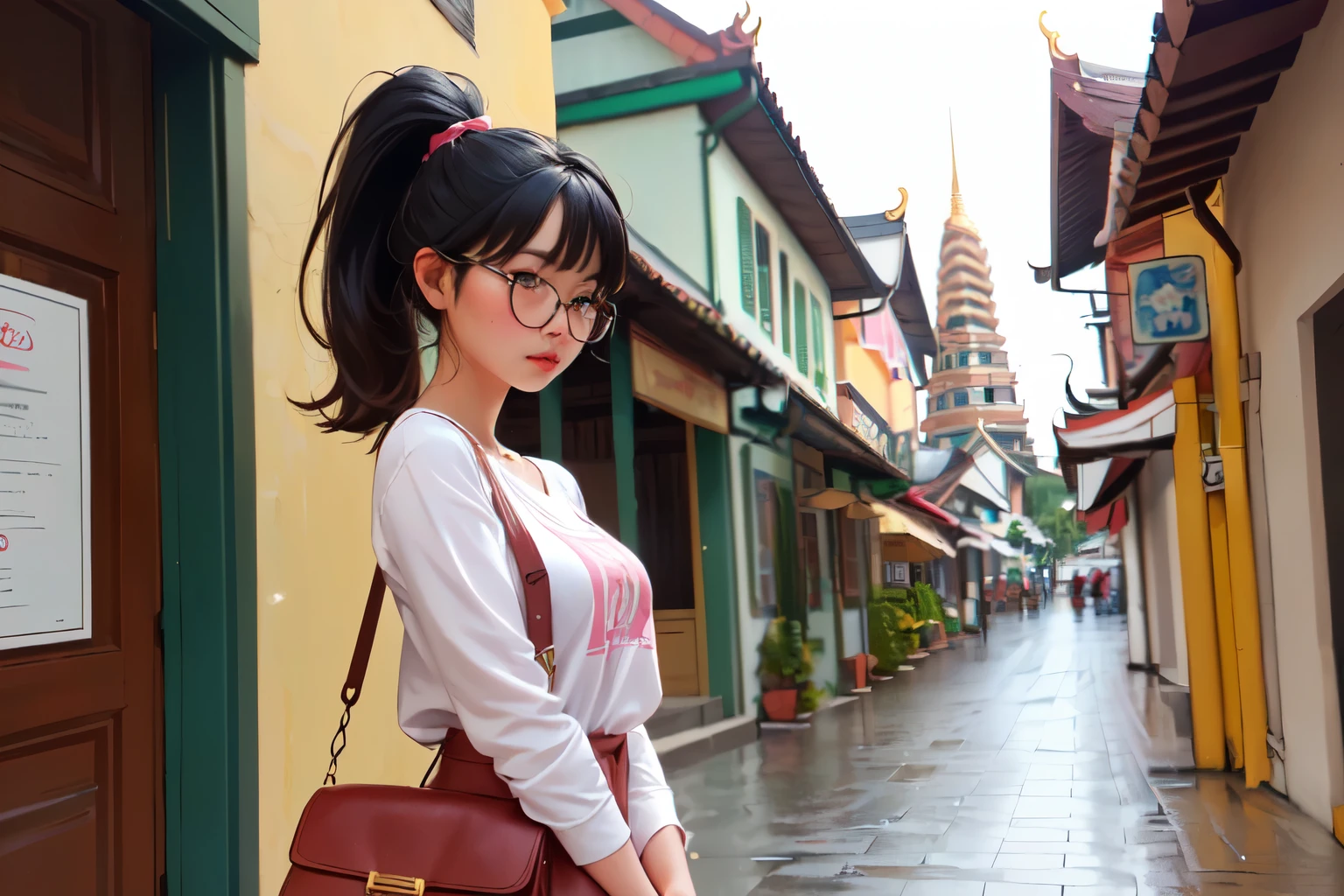 ((Wide angle)) Beautiful female tourist, black hair, ponytail, bangs, large glasses, smock, ((wearing a preppy style outfit)), morning light, Wat Pho