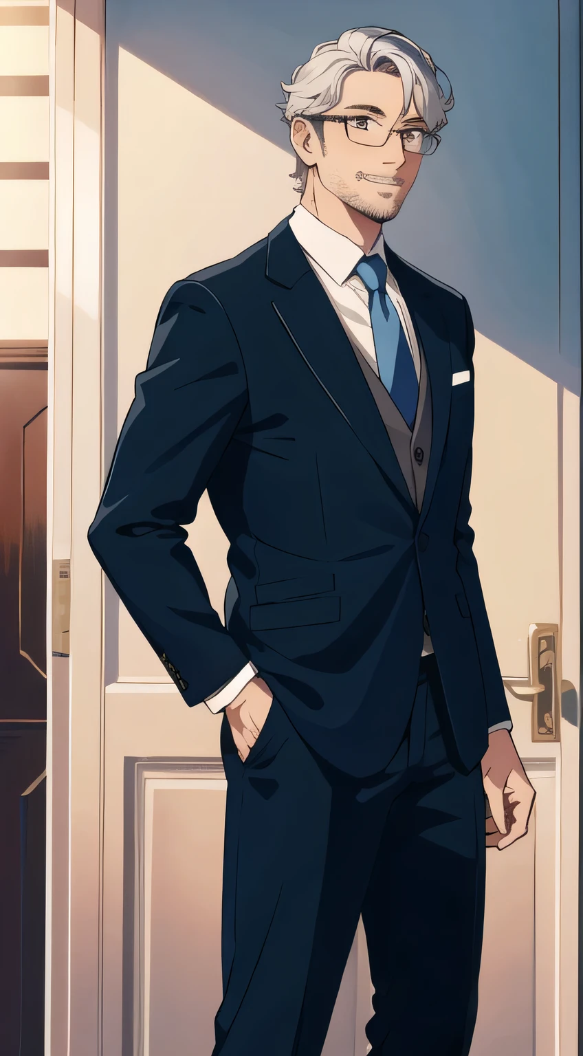 (highest quality, masterpiece，front), Glasses, 1 male, 40 years old, wonderful, a handsome guy, gentle smile, silver hair，gentleman，Standing picture，
