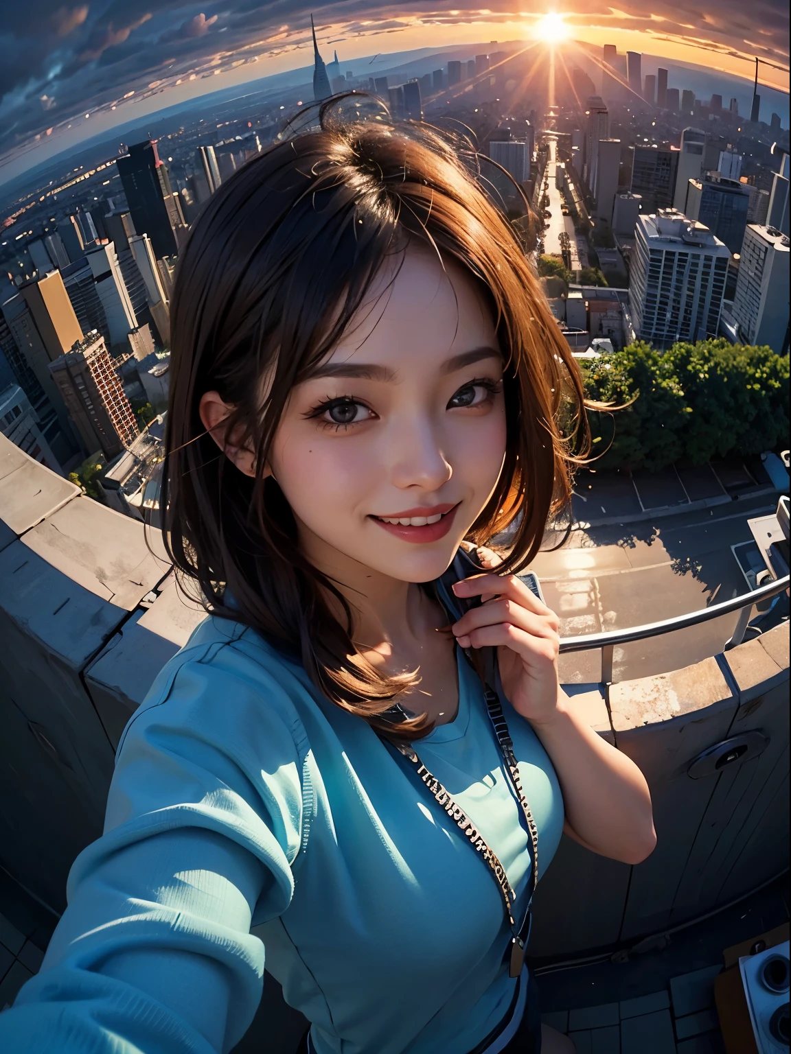 1girl, fisheye, selfie, wind, messy hair, sunset, cityscape, (aesthetics and atmosphere:1.2),smiling