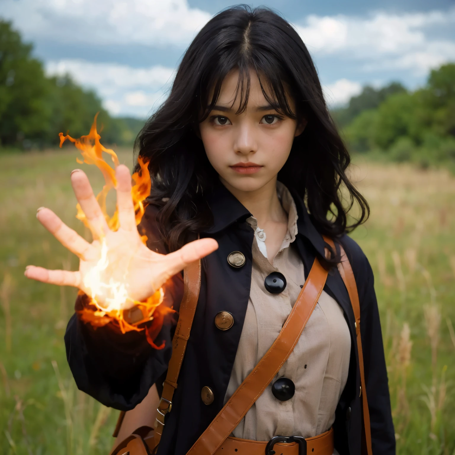 A beautiful sixteen-year-old girl with black hair, standing in a grassland area, dressed in modern clothing, with an angry expression, thrusting one hand forward, producing magical flames in that hand.