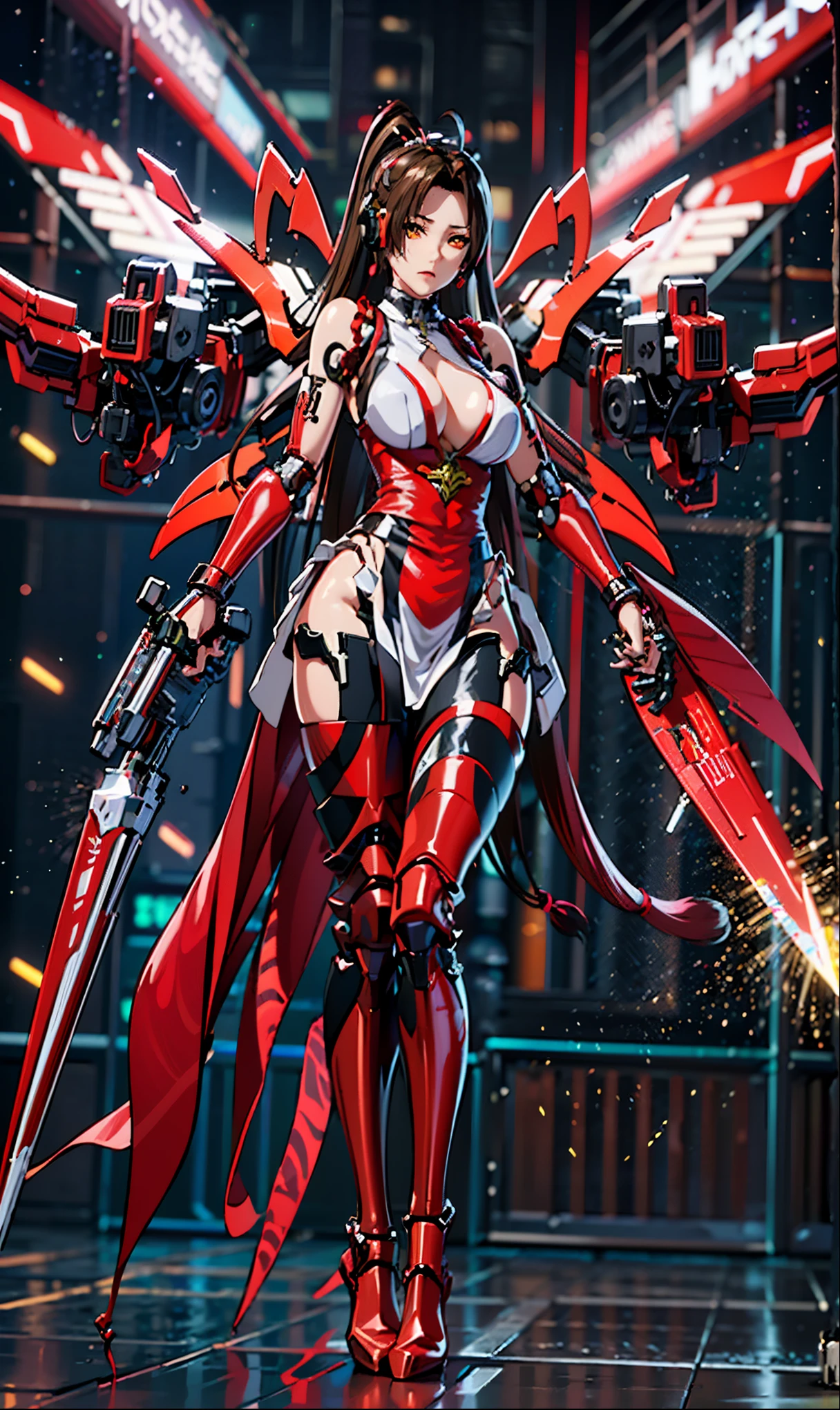 girl 1、highest quality、masterpiece、超A high resolution、Arad woman in futuristic suit with red mechanical wings and sword, A girl wearing a black shiny mechanical cyber armor.., cyberpunk anime girl mecha, anime robotと有機物が混ざり合う, Mechanized Black Valkyrie Girl, perfect anime cyborg woman, cute cyborg girl, female mecha, A simple futuristic cyborg, beautiful girl cyborg, beautiful robot character design,((Super realistic details)), Realistic character art rendering 8K, anime robot、(red glowing eyes)、(have a sword)、((mai shiranui))、long and high ponytail、((mechanical dress:1.3))、((attack posture:1.6))、4k、(((highest quality)))、(((mechanical headgear:1.3)))、(((very well-groomed face:1.3)))、(((No expression)))、(((cyber headphones:1.3)))、(((long ear antenna:1.6)))、(((Anime related)))、(((Eyes of the machine glowing red:1.3)))