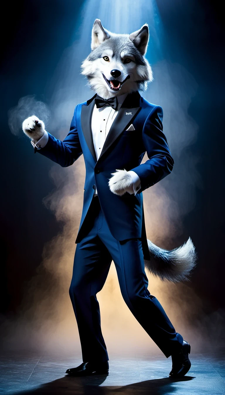 Elegant and dynamic dance postures and meticulous expressions, Anthropomorphic furry wolf wearing tuxedo, Silver gray and dark blue fur, Vibrant color palette, Excellent light and shadow work, Realistic textures, precise composition, Strong visual impact, Artistic charm, Presented in the style of National Geographic magazine photography, Capture people lively、Unique personality
