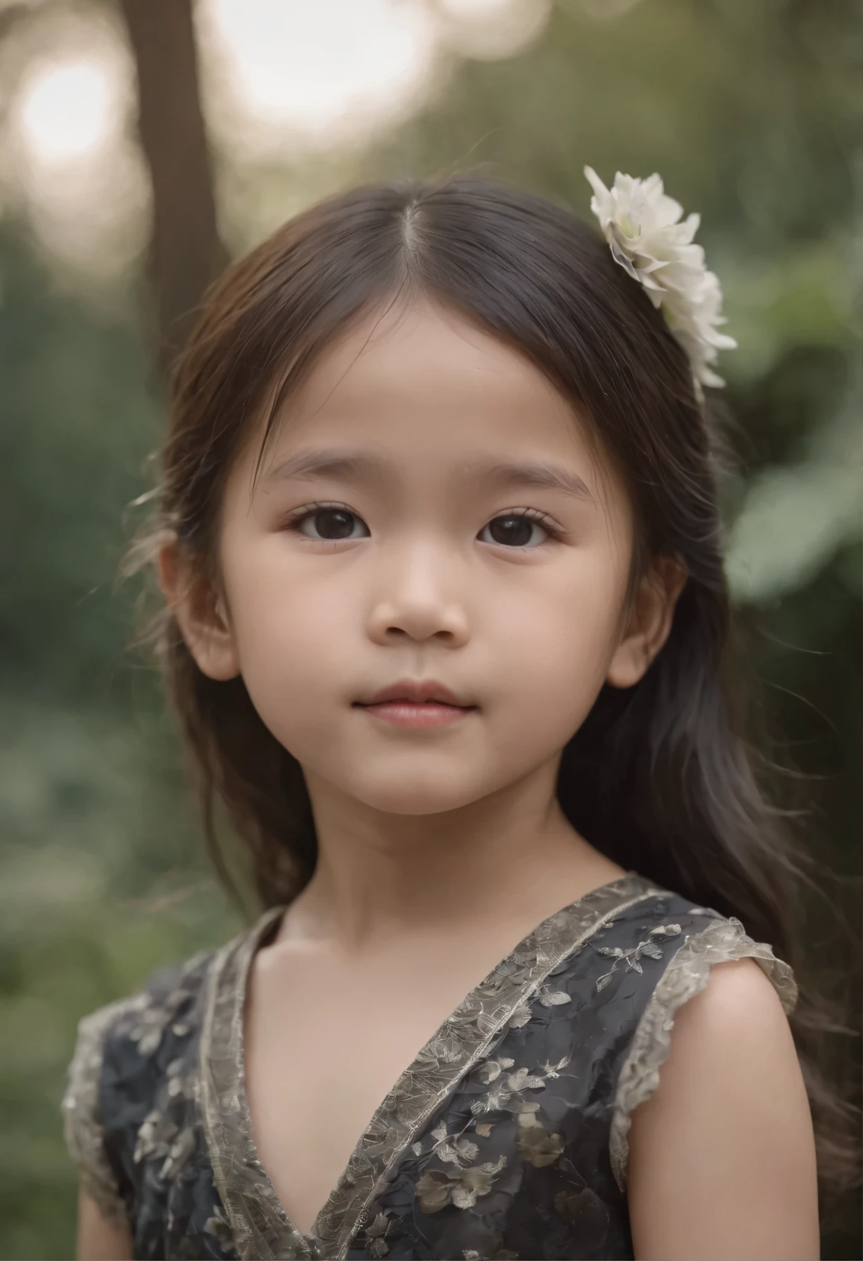 Four-year-old Chinese daughter wears soot dress,she is in the garden,HD resolution,