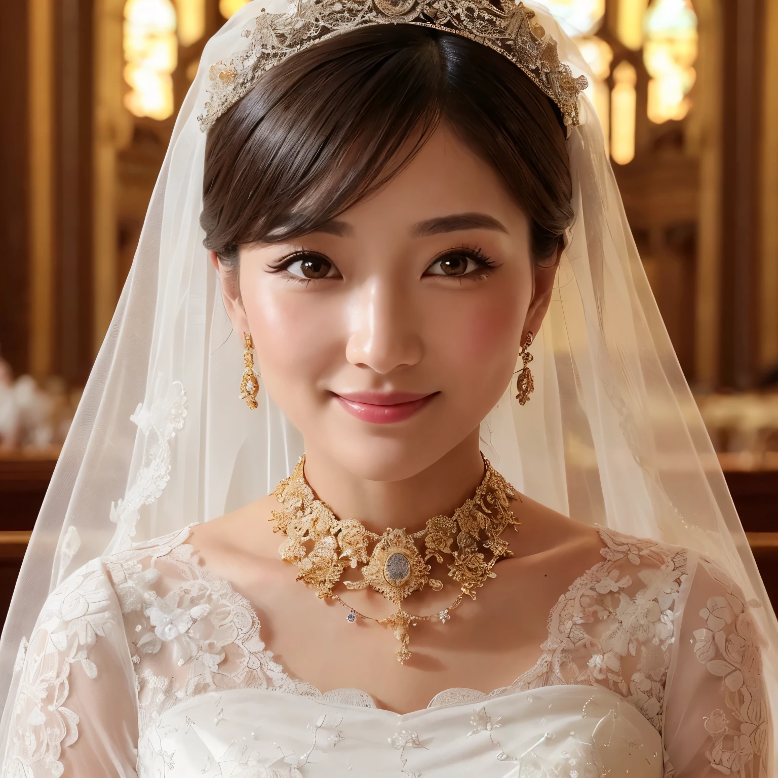 (table top、highest quality、8K、very detailed and intricate details、The most complex and detailed textures、ultra high resolution)、(1 50 year old mature bride:1.45)、(wrinkled face:1.45)、(1 50 year old mature bride:1.3)、(perfect wedding lace:1.3)、(The most extravagant and finest huge wedding dresses:1.2)、(The most luxurious and highest quality giant tiara:1.2)、(The most luxurious and highest quality giant necklace:1.2)、(the best smile looking at me:1.1)、(Large quantity of finest jewelry ornaments:1.1)、The most luxurious and classy decoration、The most luxurious church wedding、elegant and modern church、Stylish and elegant contemporary church、Delicate and luxurious stained glass、upper body photo、the most extravagant wedding、perfect makeup、shiny bright lipstick、perfect mascara、beautiful eyeshadow、Lustrous and beautiful skin、long eyelashes、Super high-definition sparkling eyes、ultra high definition hair、ultra high resolutionの光沢のある唇、ultra high resolutionの完璧な歯、ultra high resolutionのかわいい顔、(Beautiful skin that shines very brightly:1.3)、(very bright and vivid:1.3)、(body and face facing directly towards me:1.3)、(A body facing straight towards me:1.1)、close up of face