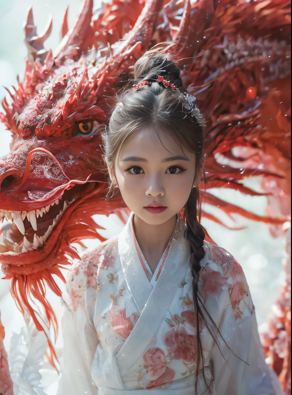 Alafid girl in white and red kimono with a dragon, dragon girl肖像, dragon girl, Chinese fantasy, hanfu, robe with dragon pattern, palace , The beauty of Hanfu, Chinese girl, yanjun chengt, Chinese style, Red Dragon, traditional Chinese, Inspired by Chen Yifei, white hanfu, xianxia fantasy