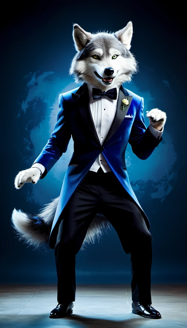 Elegant and dynamic dance postures and meticulous expressions, Anthropomorphic furry wolf wearing tuxedo, Silver gray and dark blue fur, Vibrant color palette, Excellent light and shadow work, Realistic textures, precise composition, Strong visual impact, Artistic charm, Presented in the style of National Geographic magazine photography, Capture people lively、Unique personality
