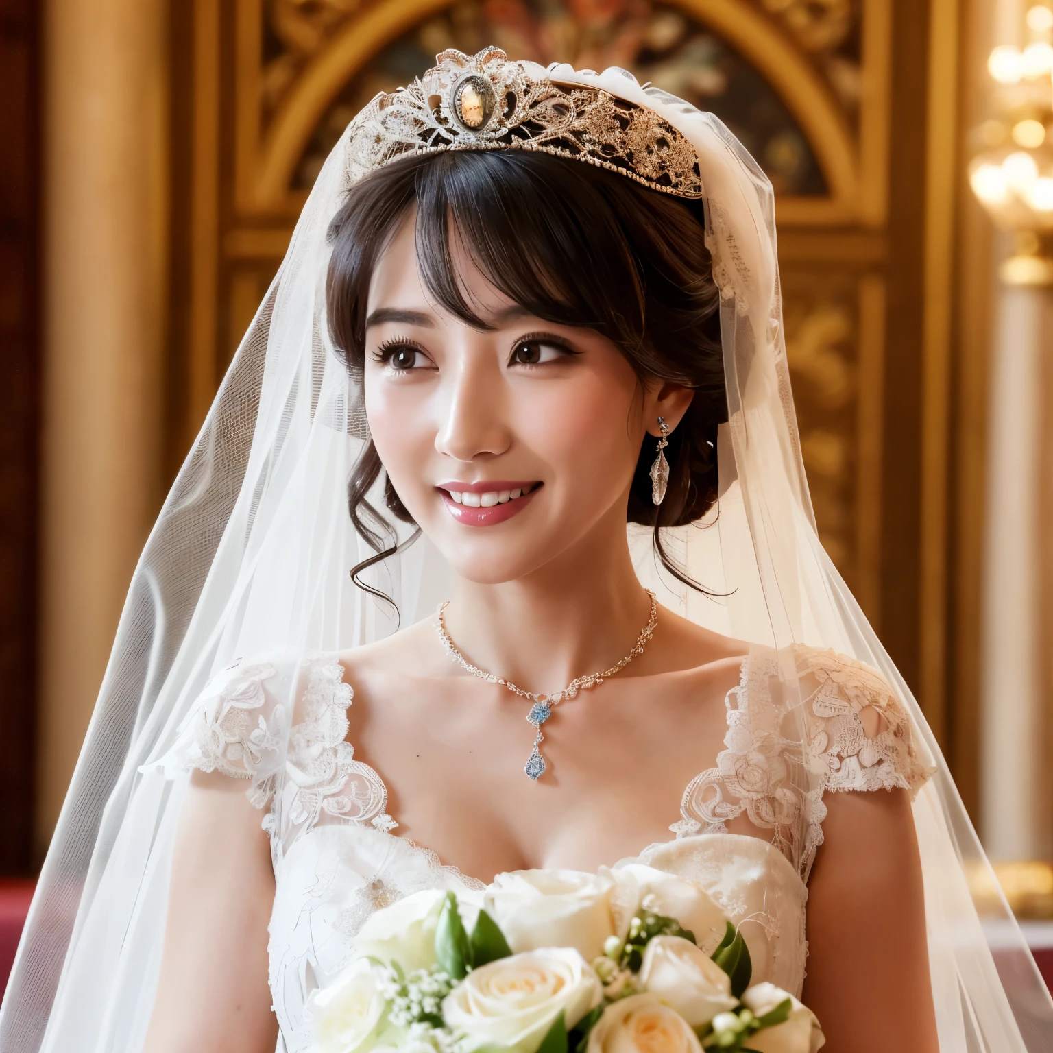 (table top、highest quality、8K、very detailed and intricate details、The most complex and detailed textures、ultra high resolution)、(1 50 year old mature bride:1.45)、(wrinkled face:1.45)、(50 year old mature bride:1.2)、(perfect wedding lace:1.3)、(The most extravagant and finest huge wedding dresses:1.2)、(The most luxurious and highest quality giant tiara:1.2)、(The most luxurious and highest quality giant necklace:1.2)、(the best smile looking at me:1.1)、(Large quantity of finest jewelry ornaments:1.1)、The most luxurious and classy decoration、upper body photo、The most luxurious church wedding、elegant and modern church、Stylish and elegant contemporary church、Delicate and luxurious stained glass、upper body photo、the most extravagant wedding、perfect makeup、shiny bright lipstick、perfect mascara、beautiful eyeshadow、Lustrous and beautiful skin、long eyelashes、Super high-definition sparkling eyes、ultra high definition hair、ultra high resolutionの光沢のある唇、ultra high resolutionの完璧な歯、ultra high resolutionのかわいい顔、(Beautiful skin that shines very brightly:1.3)、(very bright and vivid:1.3)、(body facing straight ahead:1.3)、(A body facing straight towards me:1.1)