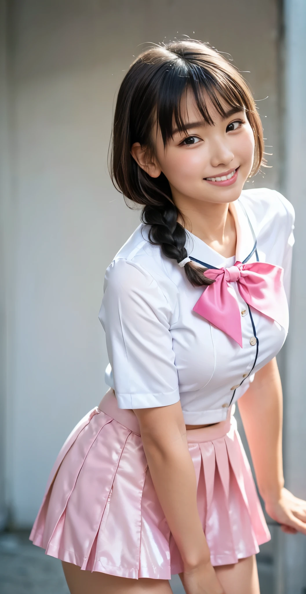 （8K、Raw photography、highest quality、masterpiece：1.2),(black haired、very short hair:1.8),(twin mitsu braid:1.4)、show viewer,Looking at the front,erotic,白いskin,(She wears a shiny school uniform-style Pink Ranger costume.:1.8)、()、(Clothing that emphasizes the shape of your chest、publish one&#39;skin:1.6)、(big breasts :1.5)、slim body shape、ultra high resolution,beautiful,beautiful fece,(alone、no background:1.9),whole bodyボディー,japanese woman,（Photoreal：1.37）、photon mapping,reality、(Baby-faced and cute: 1.3)、(cute smile: 1.7)、(With a round face: 1.7)、radio city、Physically based rendering、depth of field rally background、photograph, (I can see your knees、too short skirt、I can see white panties、close up of thighs:1.8),whole body、super fine