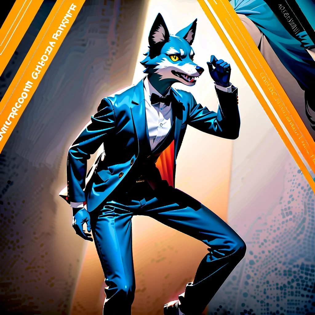 Elegant and dynamic dance postures and meticulous expressions, Anthropomorphic furry wolf wearing tuxedo, Silver gray and dark blue fur, Vibrant color palette, Excellent light and shadow work, Realistic textures, precise composition, Strong visual impact, Artistic charm, Presented in the style of National Geographic magazine photography, Capture people lively、Unique personality
