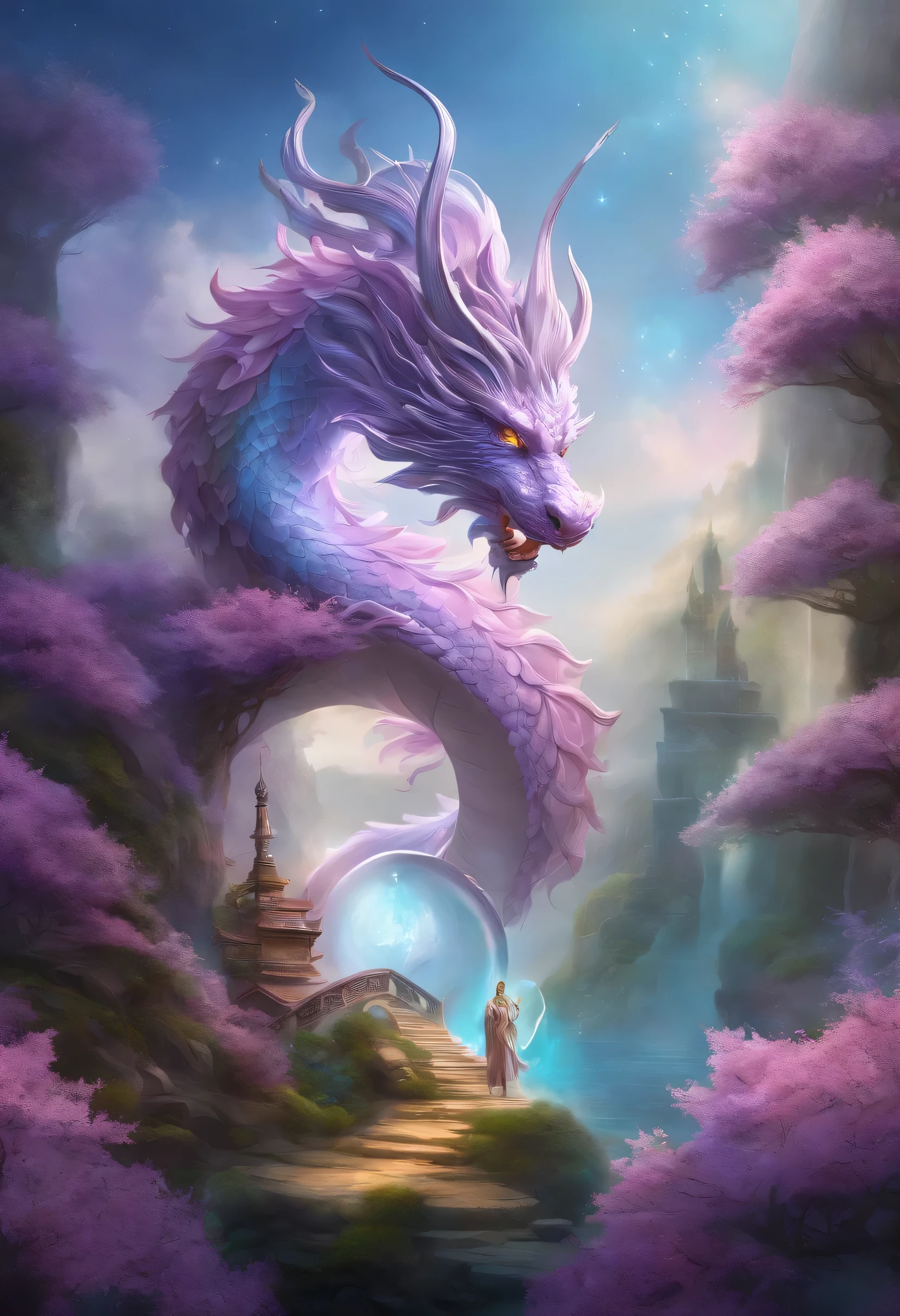 "Very nice 3d rendering of a lilac Chinese dragon，The dragon&#39;s face is kind、The background is a light blue flower garden、The dragon is holding a crystal ball with its paws、Dynamic performance, Vibrant effects and details，best image quality，High resolution，