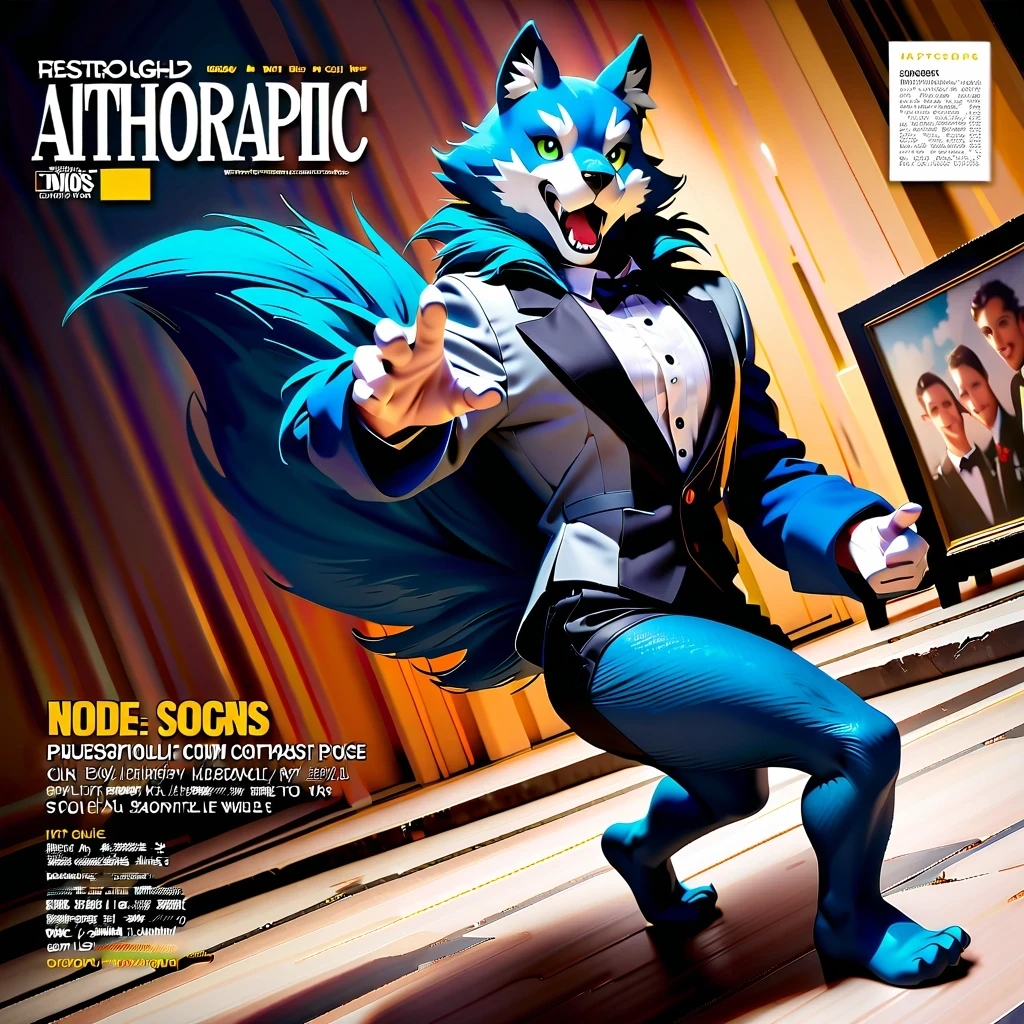 Elegant and dynamic dance postures and meticulous expressions, Anthropomorphic furry wolf wearing tuxedo, Silver gray and dark blue fur, Vibrant color palette, Excellent light and shadow work, Realistic textures, precise composition, Strong visual impact, Artistic charm, Presented in the style of National Geographic magazine photography, Capture people lively、Unique personality
