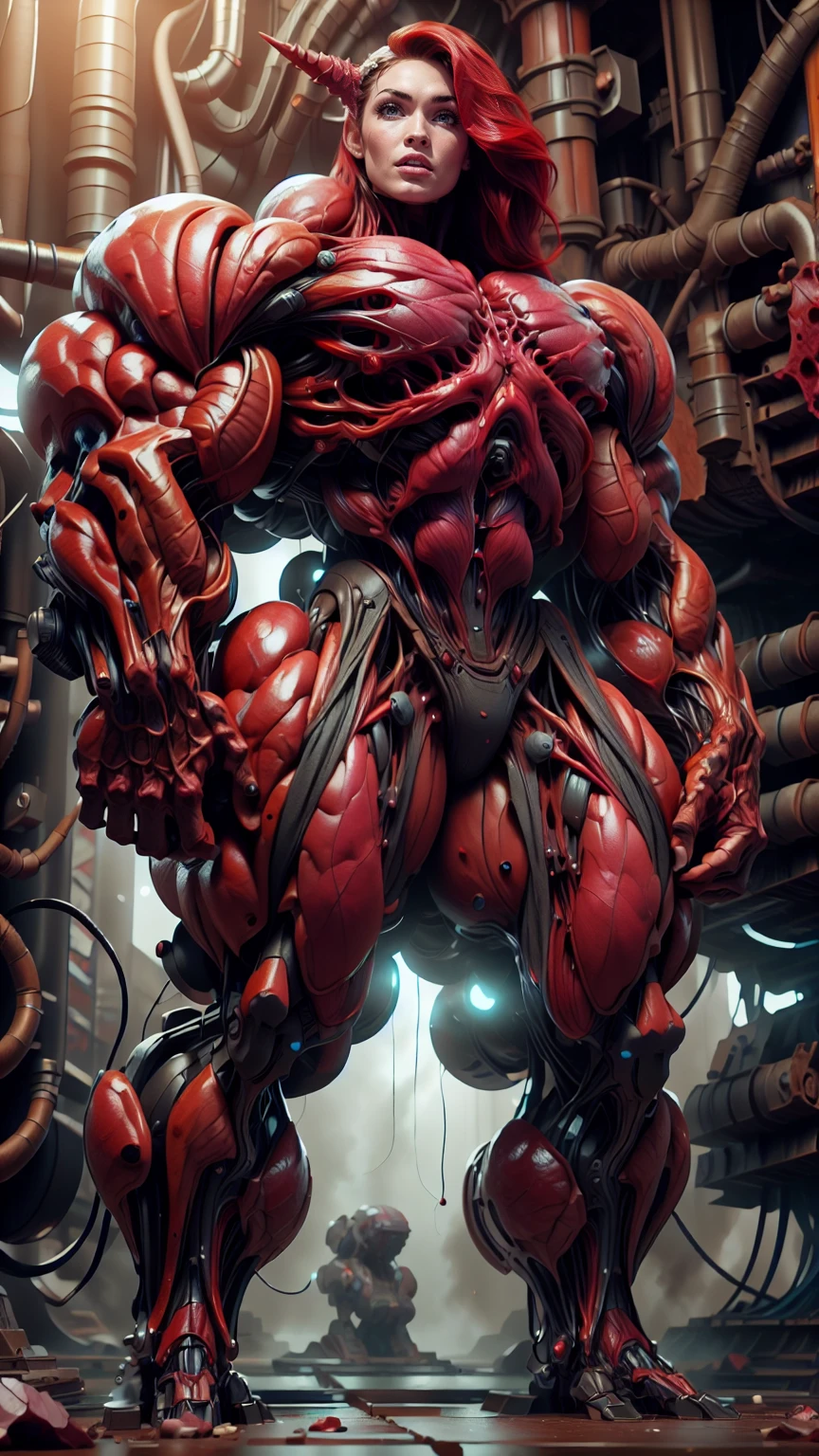 Cinematic, clear facial features and insanely detailed, the image captures the essence of (1 girl), (megan fox:1.25), (long red hair), (carnage skinless physique:1.25), (1 super muscular undead skinless succubus with gigantic horns:1.25), (covered in red necrotic rotting skinless muscle:1.25), (exposed muscles & veins everywhere:1.25), (perfect fingers:1.25) (full body pose:1.25). The color grading is beautifully done, enhancing the overall cinematic feel. Unreal Engine makes her appearance even more mesmerizing. With depth of field (DOF), every detail is focused and accentuated, drawing attention to her eyes and hair. Peak image resolution utilizing super-resolution technology ensures pixel perfection. Cinematic lighting enhances her aura, while anti-aliasing techniques like FXAA and TXAA keep the edges smooth and clean. Adding realism to the muscular bio-mecha succubus , RTX technology enables ray tracing. Additionally, SSAO (Screen Space Ambient Occlusion) gives depth and realism to the scene, the girl's presence even more convincing. In the post-processing and post-production stages, tone mapping enhances the colors, creating a captivating visual experience. The integration of CGI (Computer-Generated Imagery) and VFX (Visual Effects brings out her demonic features seamlessly . Icredible level of detail, with intricate elements meticulously crafted, the artwork hyper maximalist and hyper-realistic. Volumetric effects add depth and dimension, with unparalleled photorealism. 8k resolution rendering ensures super detailed visuals. The volumetric lighting adds a touch of magic, highlighting her beauty and aura in an otherworldly way. High Dynamic Range (HDR) tech makes the colors pop, adding richness to the overall composition. Ultimately, this artwork presents an unreal, yet stunningly real portrayal of an incredibly beautiful bio-mecha succubus girl. The sharp focus ensures that every feature is crisply defined, creating a captivating presence.