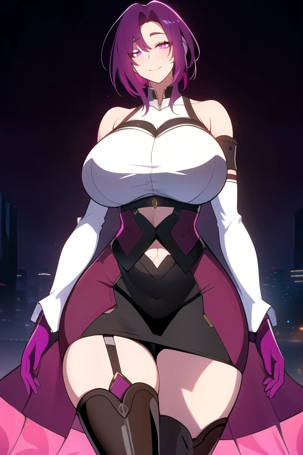 masterpiece, best quality, absurdres, 8k, perfect shadows,perfect lighting,hdr, cowboy shot,shiny skin,skindentation, beautiful body, kafka, ((magenta hair: 1.4)), long hair, purple eyes,  (crop top, underboob, elbow gloves, thigh boots, split skirt, bare shoulders, curvy, midriff, curvy, thighs, higheels, shiny clothes), complex detailed background, inside, luxury palace) (gigantic breasts,hourglass body, thin waist,very slim waist)extremely detailed face,detailed eye makeup, detail face, nice detailed eyes,nice hands, perfect hands (realistic pupils,realistic iris:1) heavy eye makeup,glowing eyes, Bright eyes,standing,standing at attention,(seductive smile), gigantic breasts, curvy