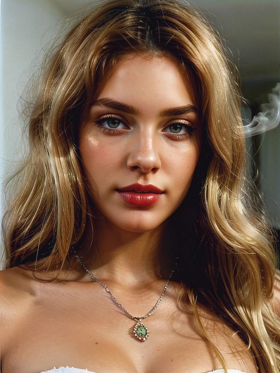 Red ratio, Estilo 1988, Retrato facial, batom vermelho, fumando erva, unha vermelha longa, joalheria grande luxo, [obra de arte], [Haiza is a young Brazilian model, Olhos limpos, ((messy long blonde platinum hair from the 80s)), Pele bronzeada HD, labios grandes, rosto detalhado, morando em 1988] 