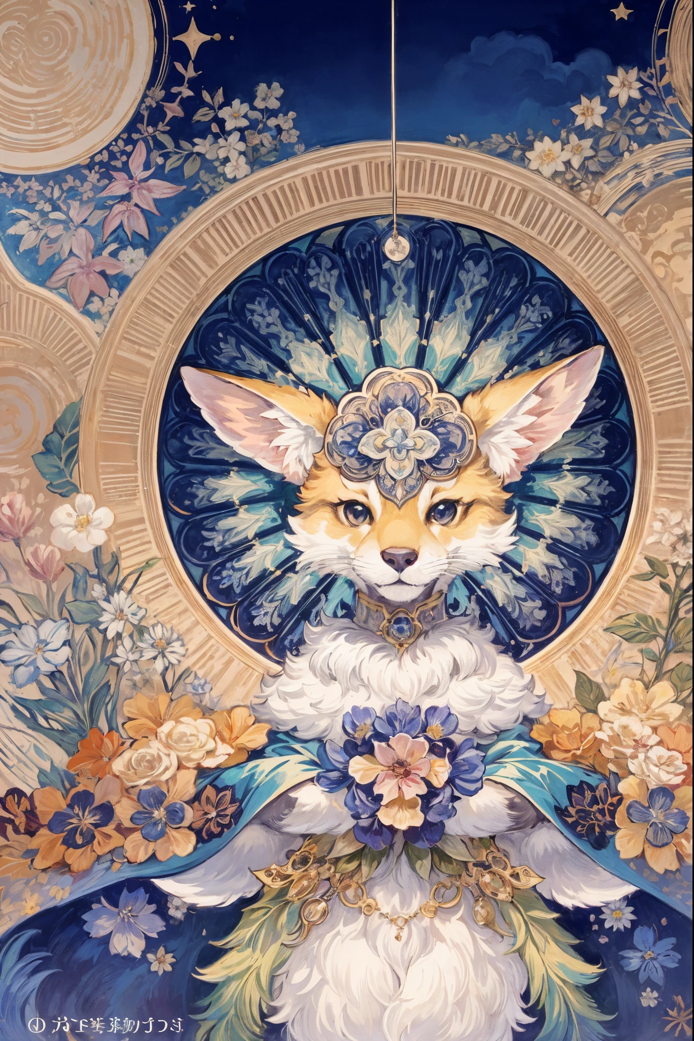 cover page, Perfume poster, kaleidoscope, rzminjourney, vector-art, High-quality illustrations by Alfons Mucha, masterpiece(kemono, furry anthro)logo mark, round, colorful flower,